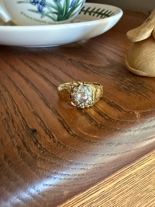 Chunky ANTIQUE Rose Cut Diamond Daisy Cluster Wide Band Heavy 18k Gold Gypsy Georgian Victorian Signet Man or Unisex Face Up 1 Carat Pink