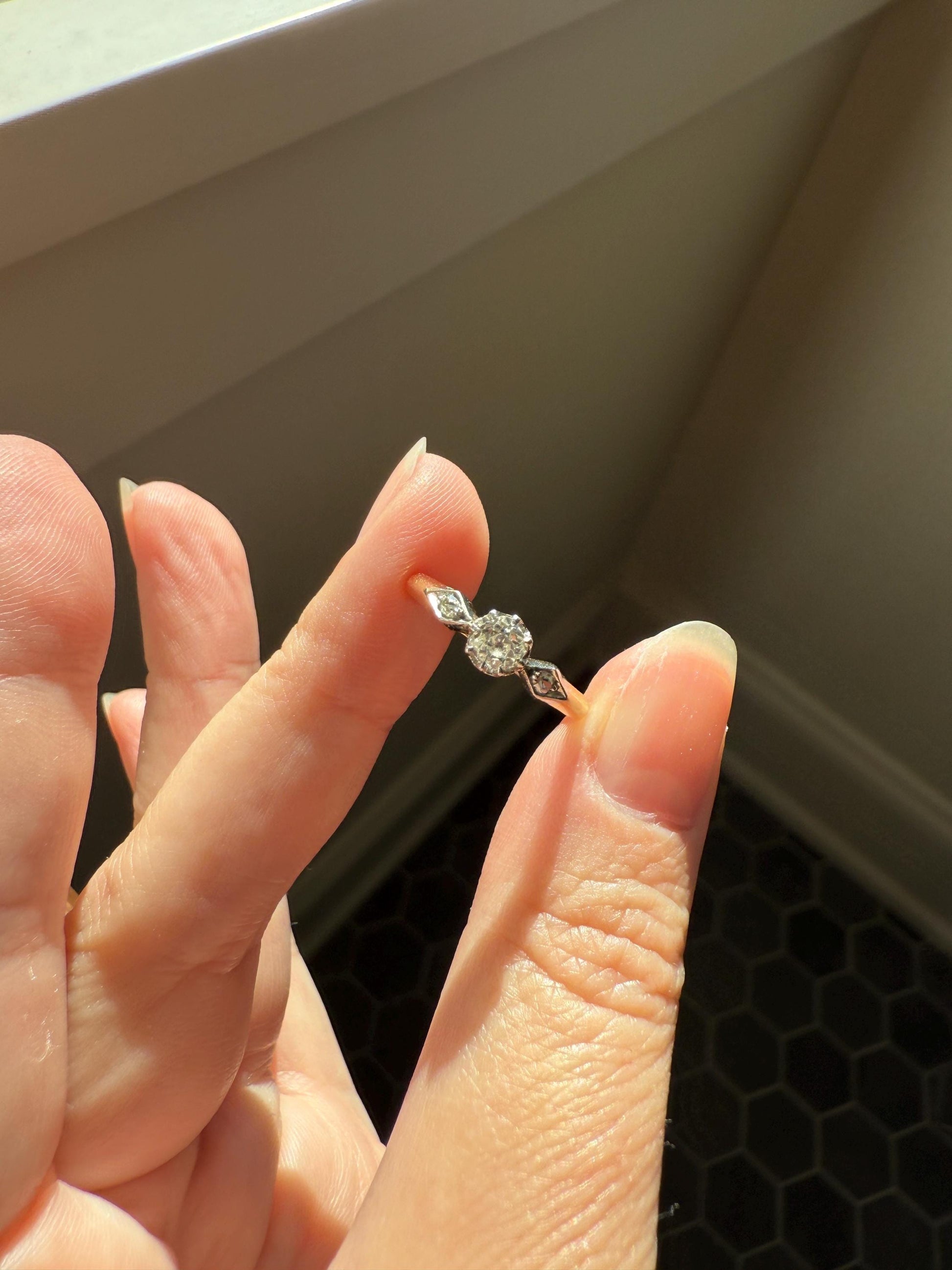 Classic Antique .3 Carat Old Mine Cut Diamond Solitaire & Accents 18k Gold French Victorian Engagement Ring Band Minimalist Stacker OMC