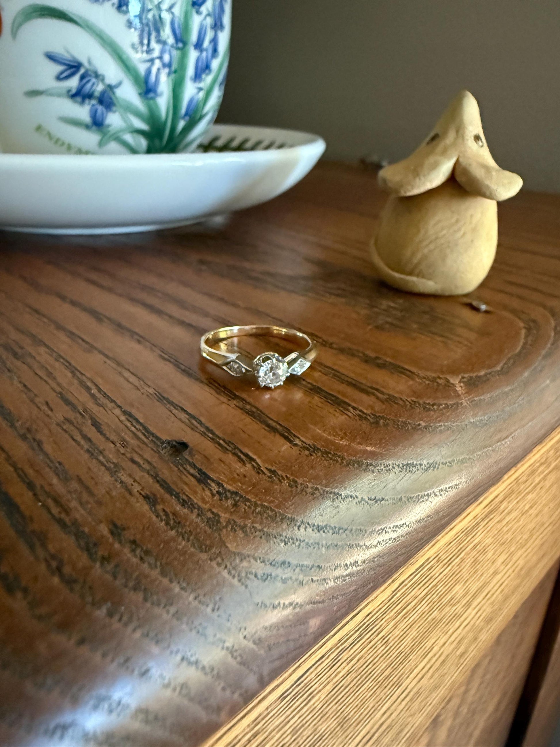 Classic Antique .3 Carat Old Mine Cut Diamond Solitaire & Accents 18k Gold French Victorian Engagement Ring Band Minimalist Stacker OMC