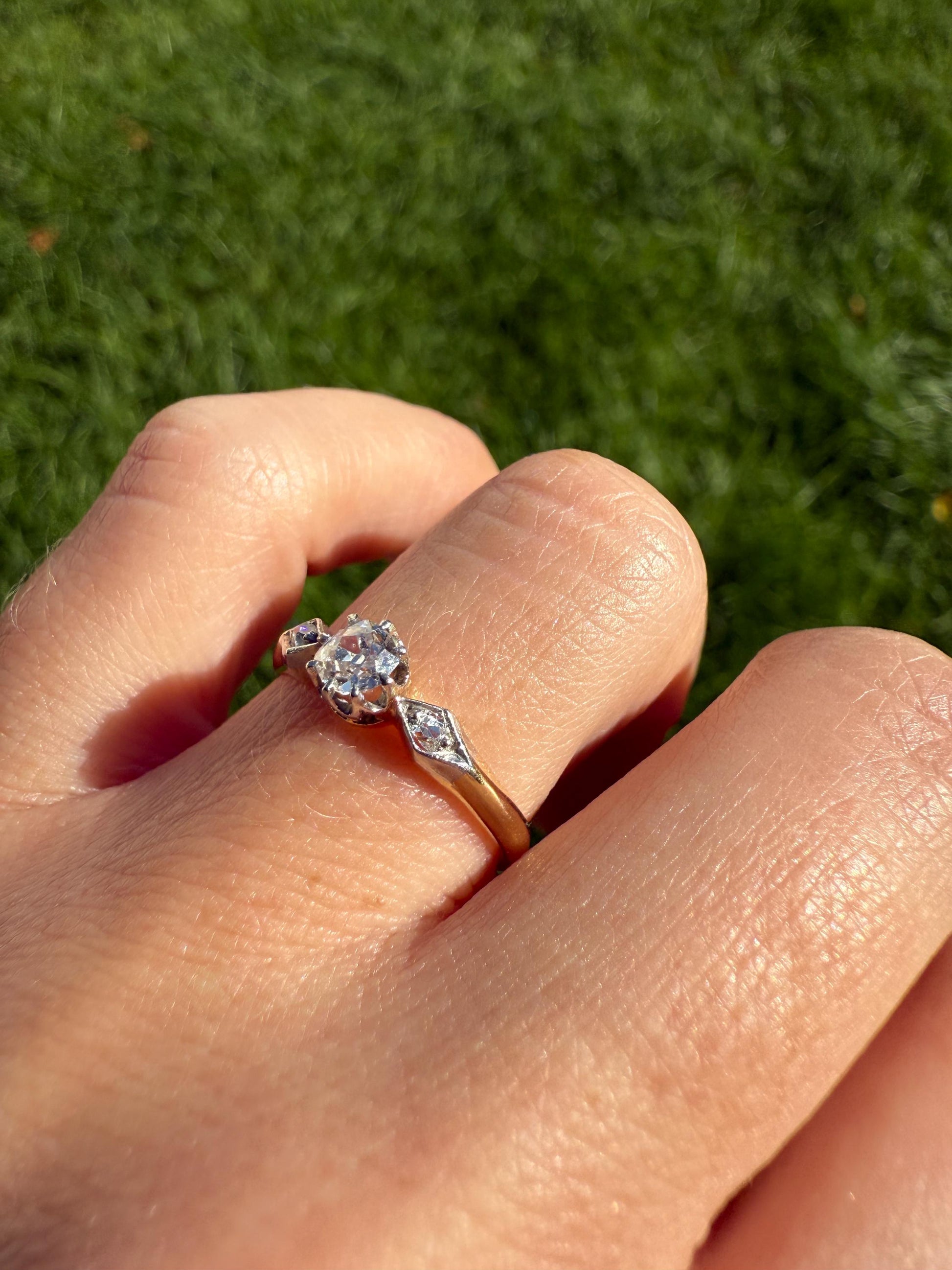 Classic Antique .3 Carat Old Mine Cut Diamond Solitaire & Accents 18k Gold French Victorian Engagement Ring Band Minimalist Stacker OMC
