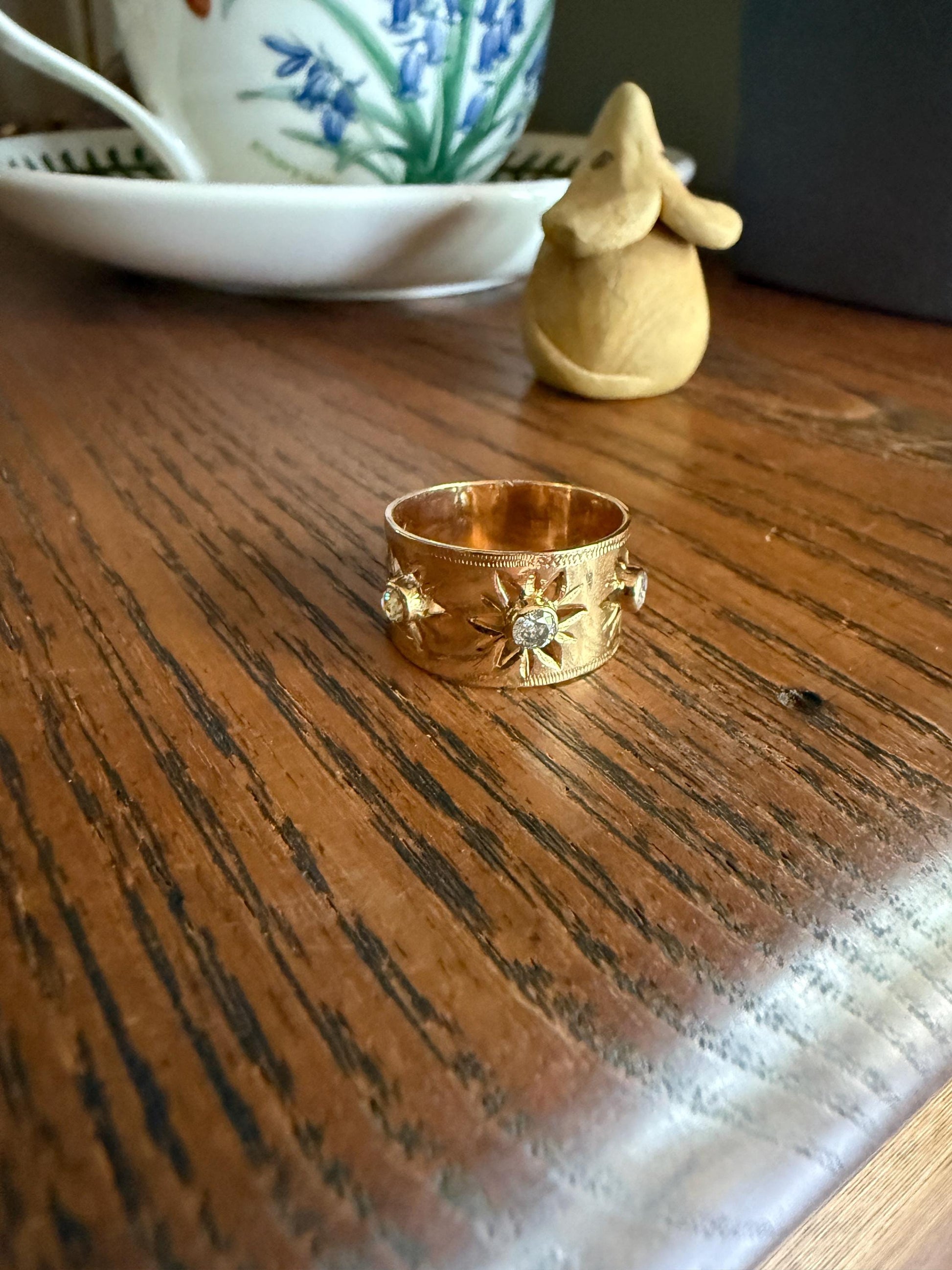 STARS Vintage Three Stone Diamond 11mm Wide Cigar Band French 18k Gold Old Mine & Brilliant Cut Chunky 3D Stacker Figural Gift OMC Retro