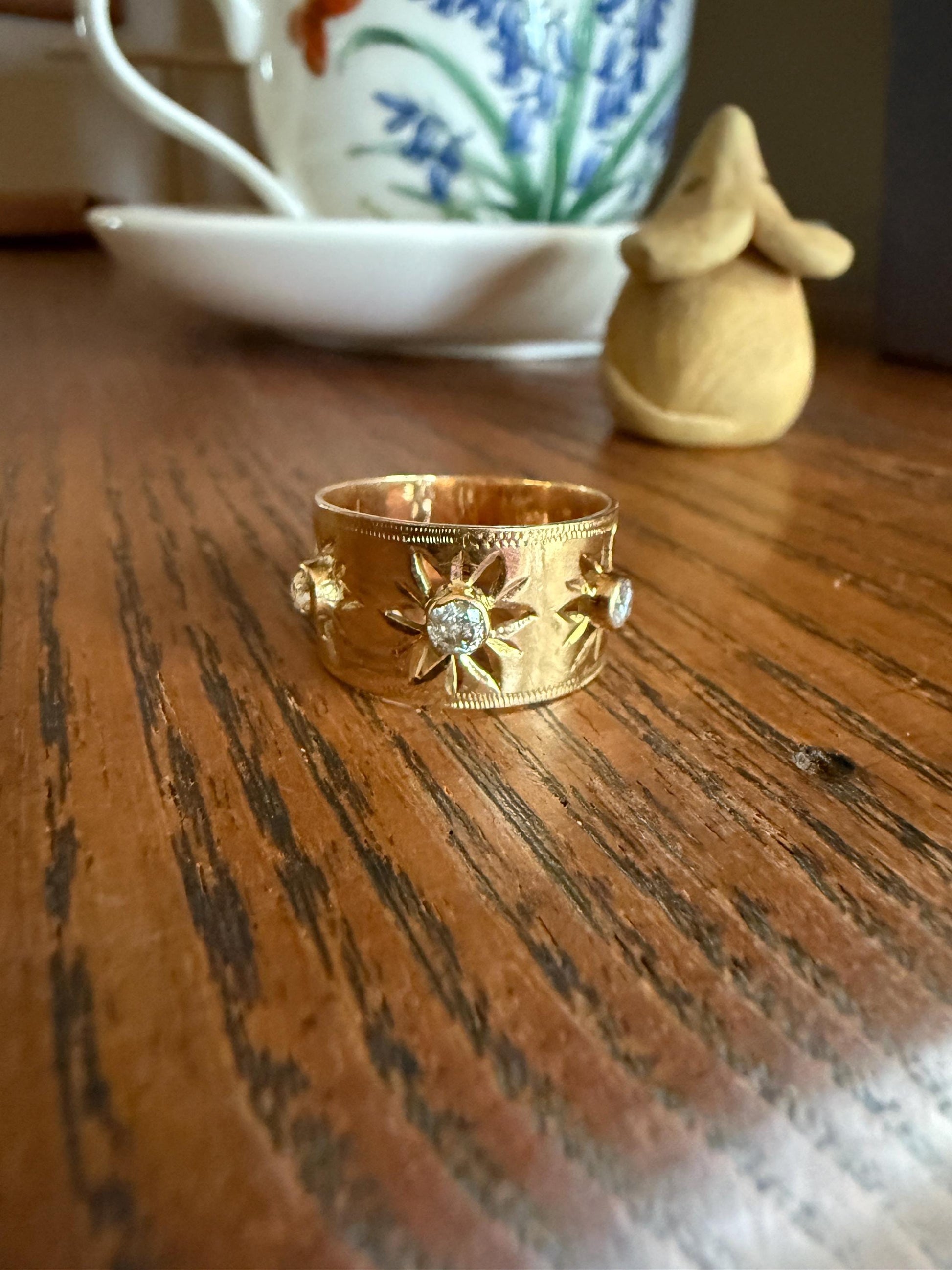 STARS Vintage Three Stone Diamond 11mm Wide Cigar Band French 18k Gold Old Mine & Brilliant Cut Chunky 3D Stacker Figural Gift OMC Retro