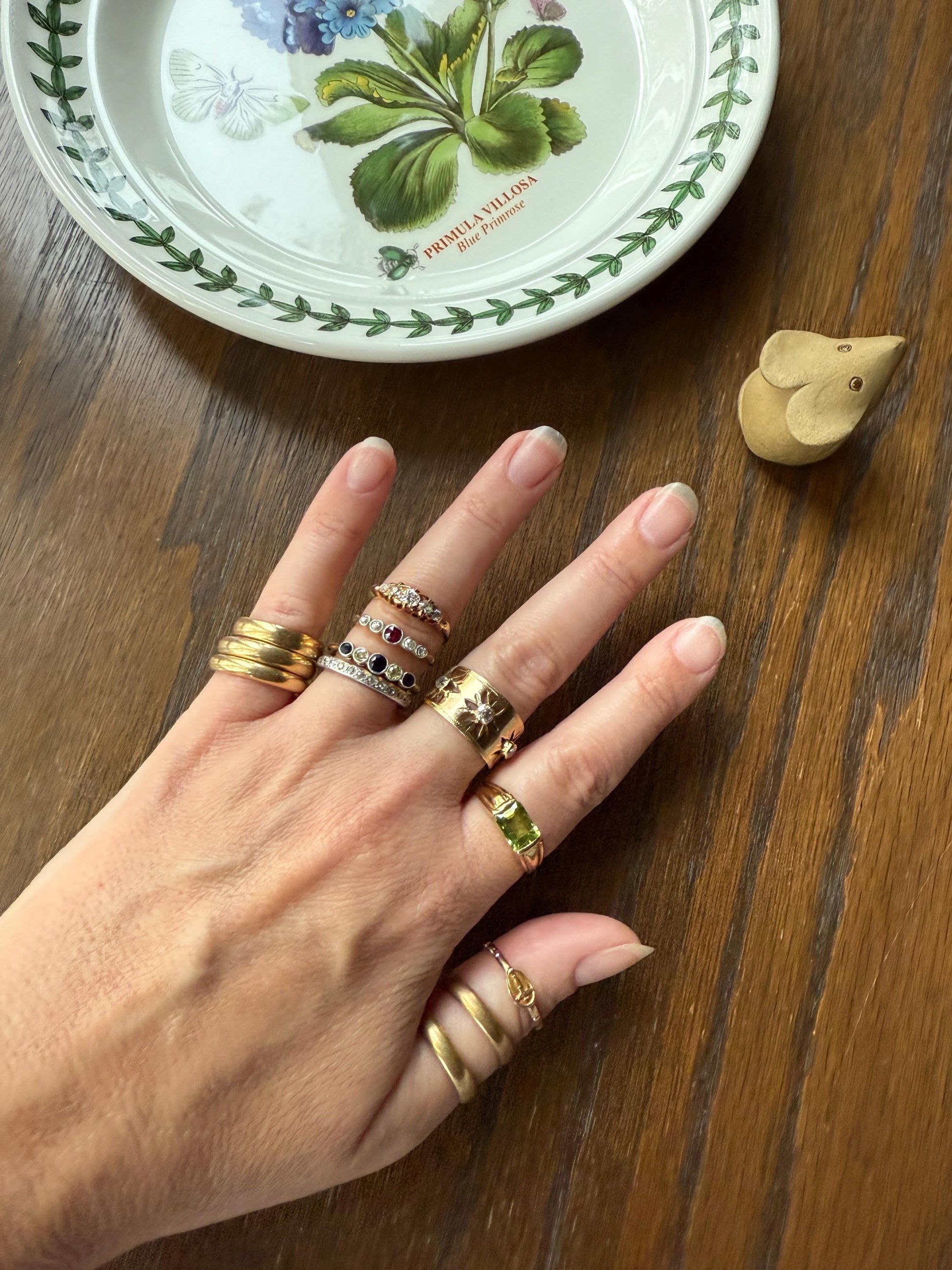 STARS Vintage Three Stone Diamond 11mm Wide Cigar Band French 18k Gold Old Mine & Brilliant Cut Chunky 3D Stacker Figural Gift OMC Retro