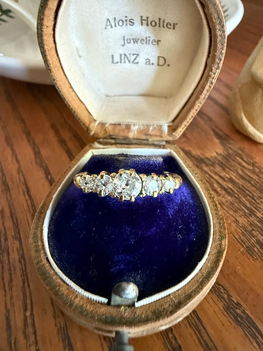 Five Stone 1 Carat Old Mine Cut DIAMOND Antique 18k Gold Ring Stacker Band Graduated Ornate Scrolled Anniversary Wedding Sparkle 1Ctw OMC