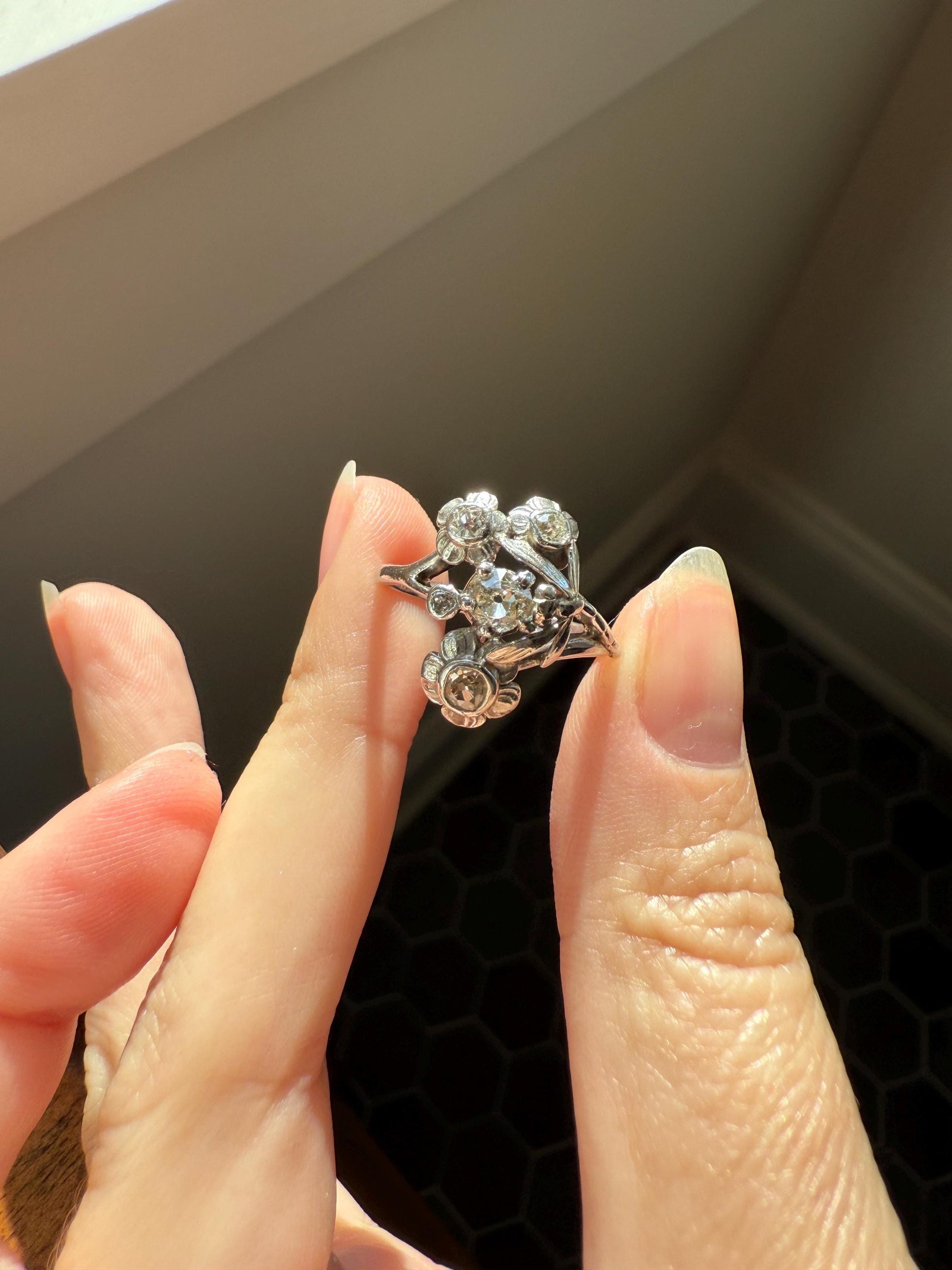 DRAGONFLY Special Dated 1922 Antique Ring 0.7 Carat Old Mine Cut DIAMONDS 18k White Gold Figural Flower Bouquet French Art Deco .7Ctw OMC