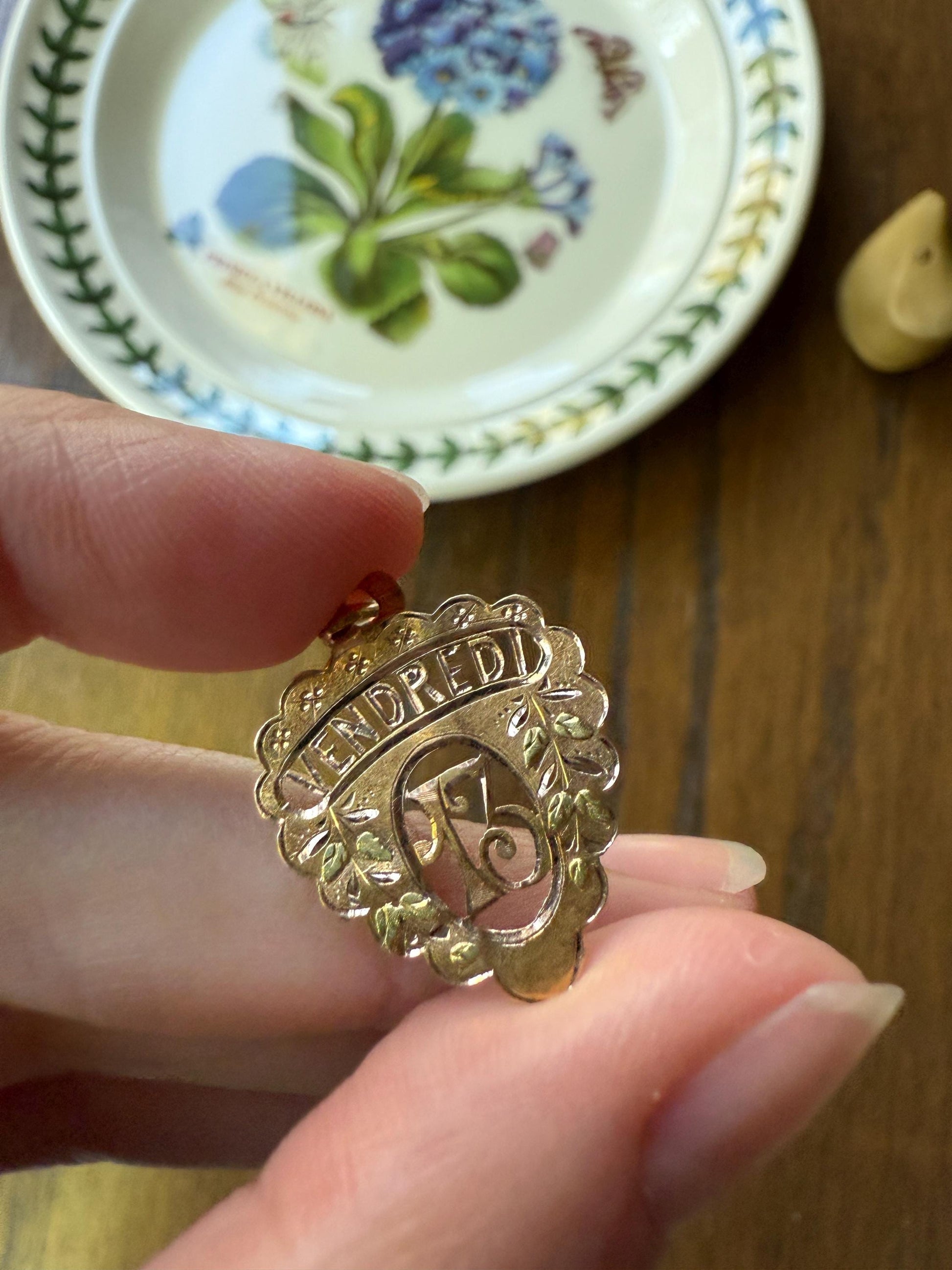 FRIDAY the Thirteenth 13th Antique French Love Medal Tricolor 18k Gold PENDANT Belle Epoque Charm Floral Lucky Gift Rose Green Figural