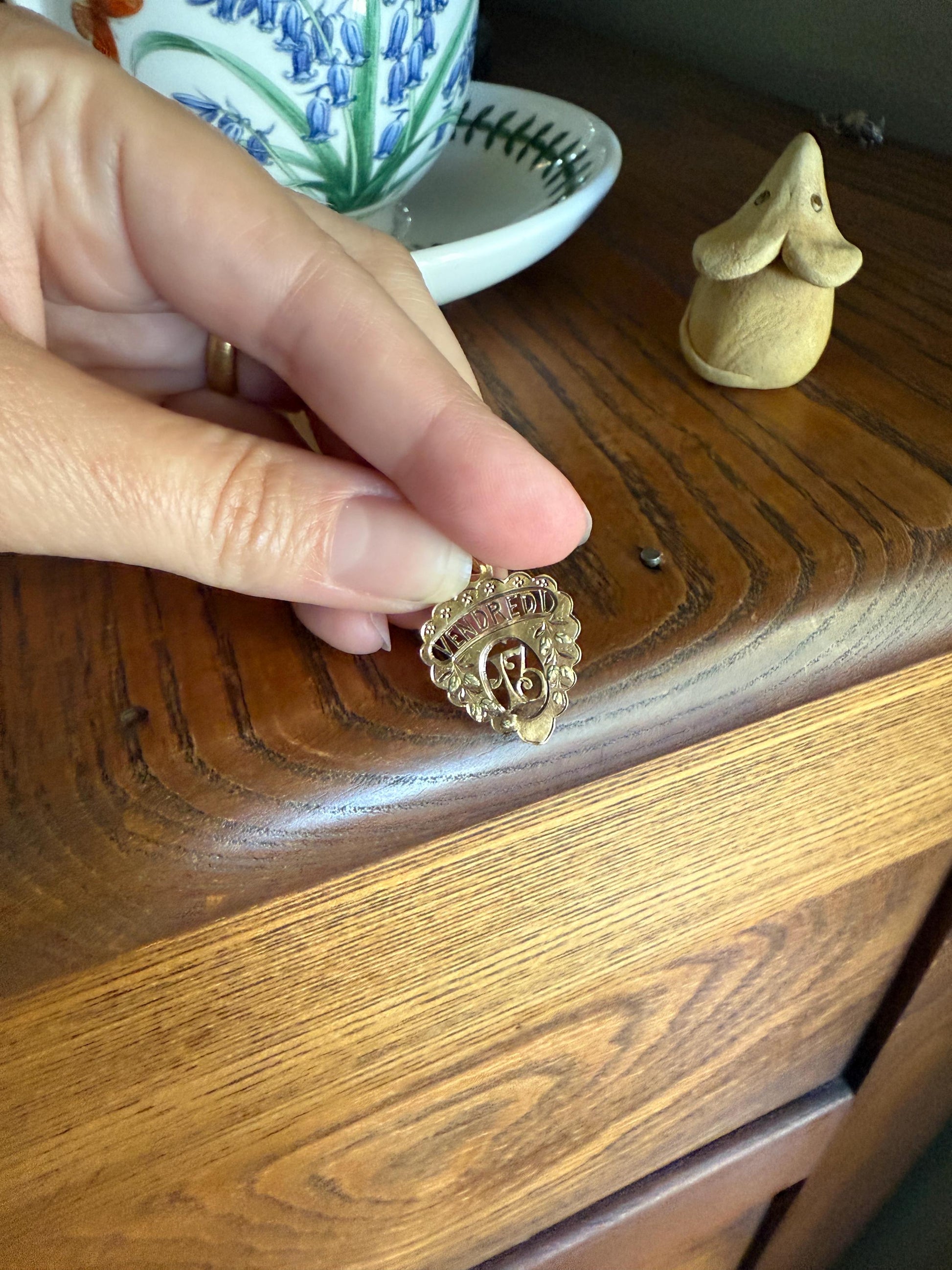 FRIDAY the Thirteenth 13th Antique French Love Medal Tricolor 18k Gold PENDANT Belle Epoque Charm Floral Lucky Gift Rose Green Figural