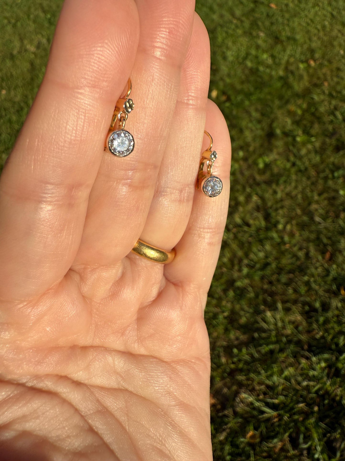 FRENCH Vintage 18k GOLD .75 Carat Tdw Transitional Cut Diamond Earrings Dangle Dormeuse Gift Belle Epoque Bridal Something Old Bezel Set
