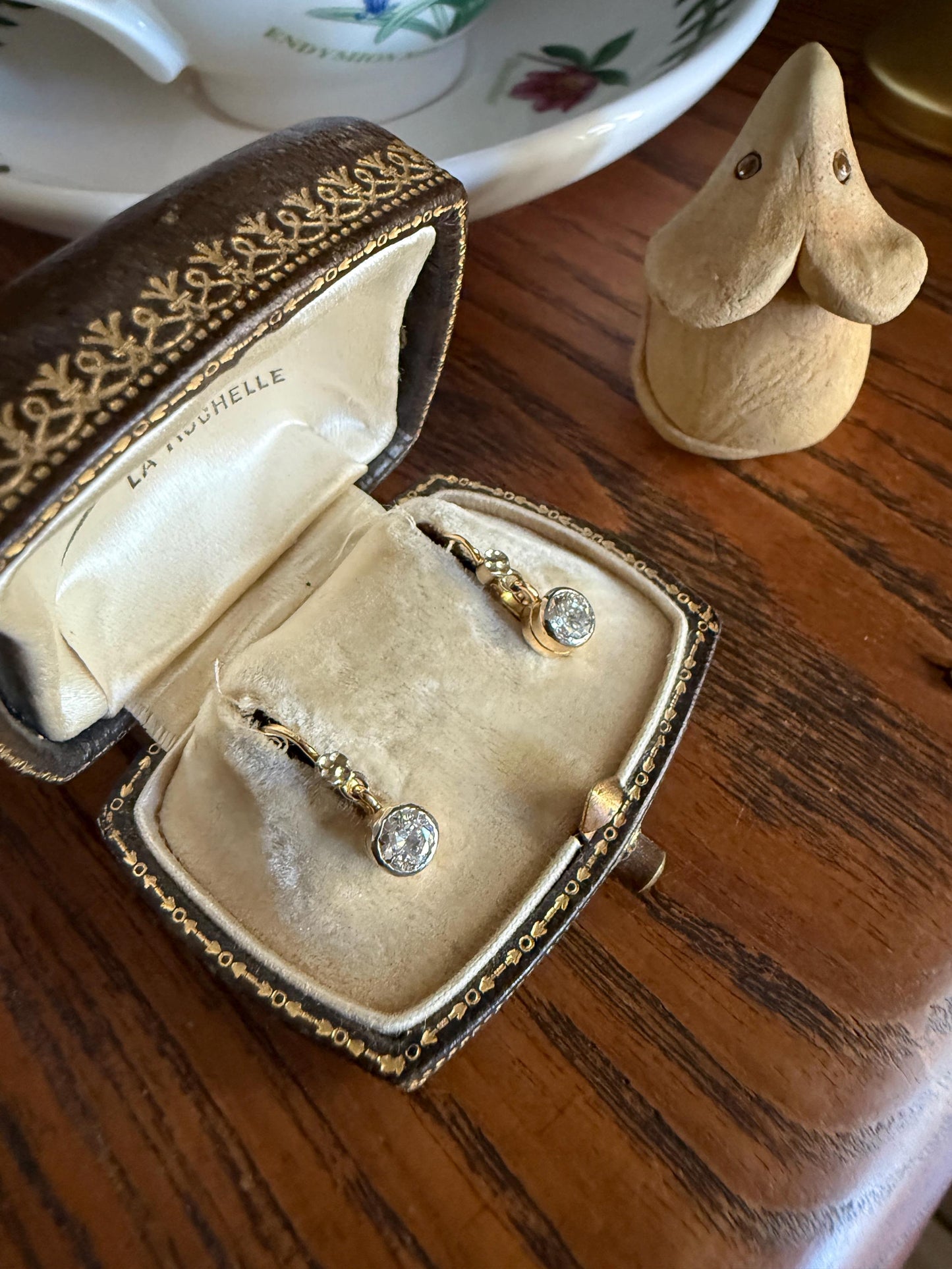 FRENCH Vintage 18k GOLD .75 Carat Tdw Transitional Cut Diamond Earrings Dangle Dormeuse Gift Belle Epoque Bridal Something Old Bezel Set