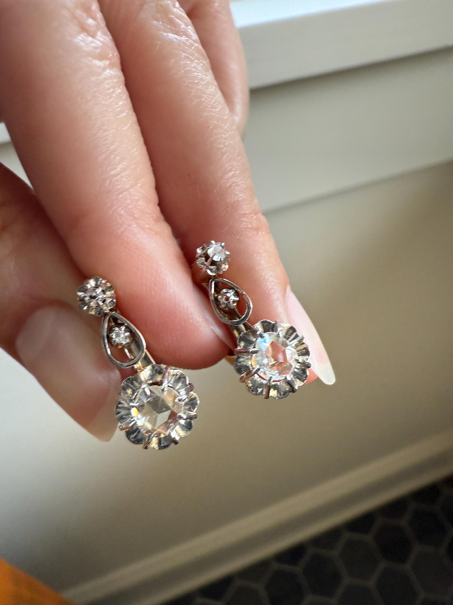 FRENCH Antique 18k GOLD Rose Cut Diamond Earrings Dangle Dormeuse Gift Belle Epoque Bridal Something Old Edwardian Teardrop Three Stone