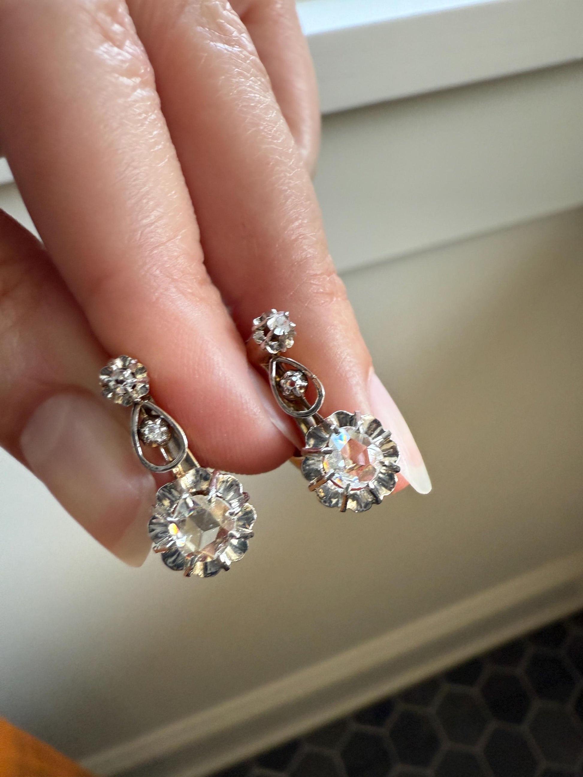 FRENCH Antique 18k GOLD Rose Cut Diamond Earrings Dangle Dormeuse Gift Belle Epoque Bridal Something Old Edwardian Teardrop Three Stone