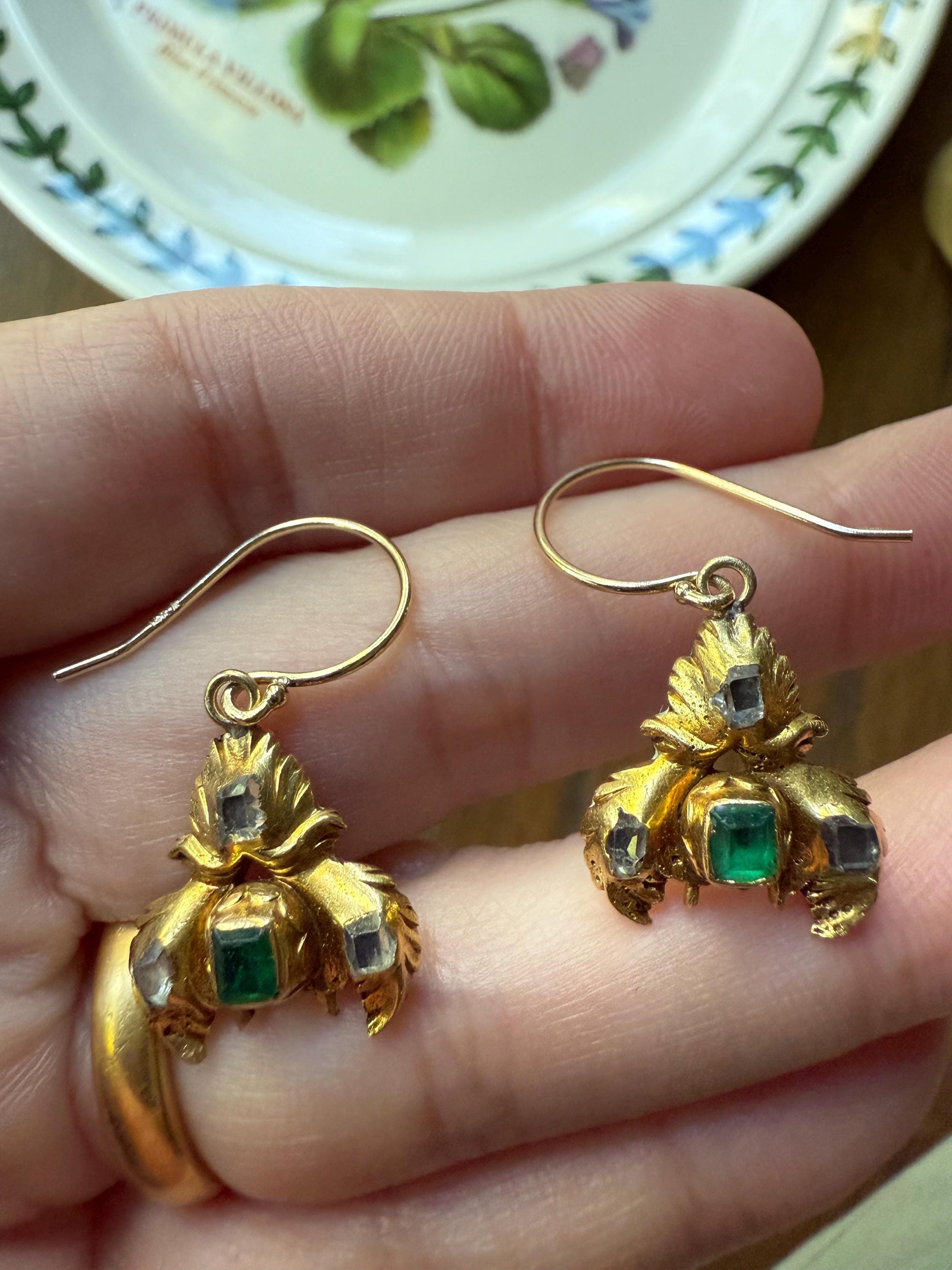 Antique EMERALD Table Cut DIAMOND Enamel Backed 18k Gold & 14k Dangle EARRINGS Georgian Renaissance Revival Green Unique Ooak One of a Kind