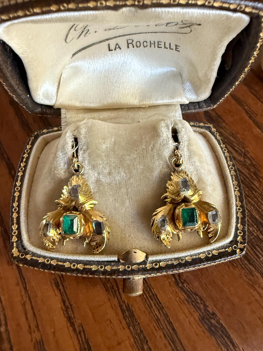 Antique EMERALD Table Cut DIAMOND Enamel Backed 18k Gold & 14k Dangle EARRINGS Georgian Renaissance Revival Green One of a Kind