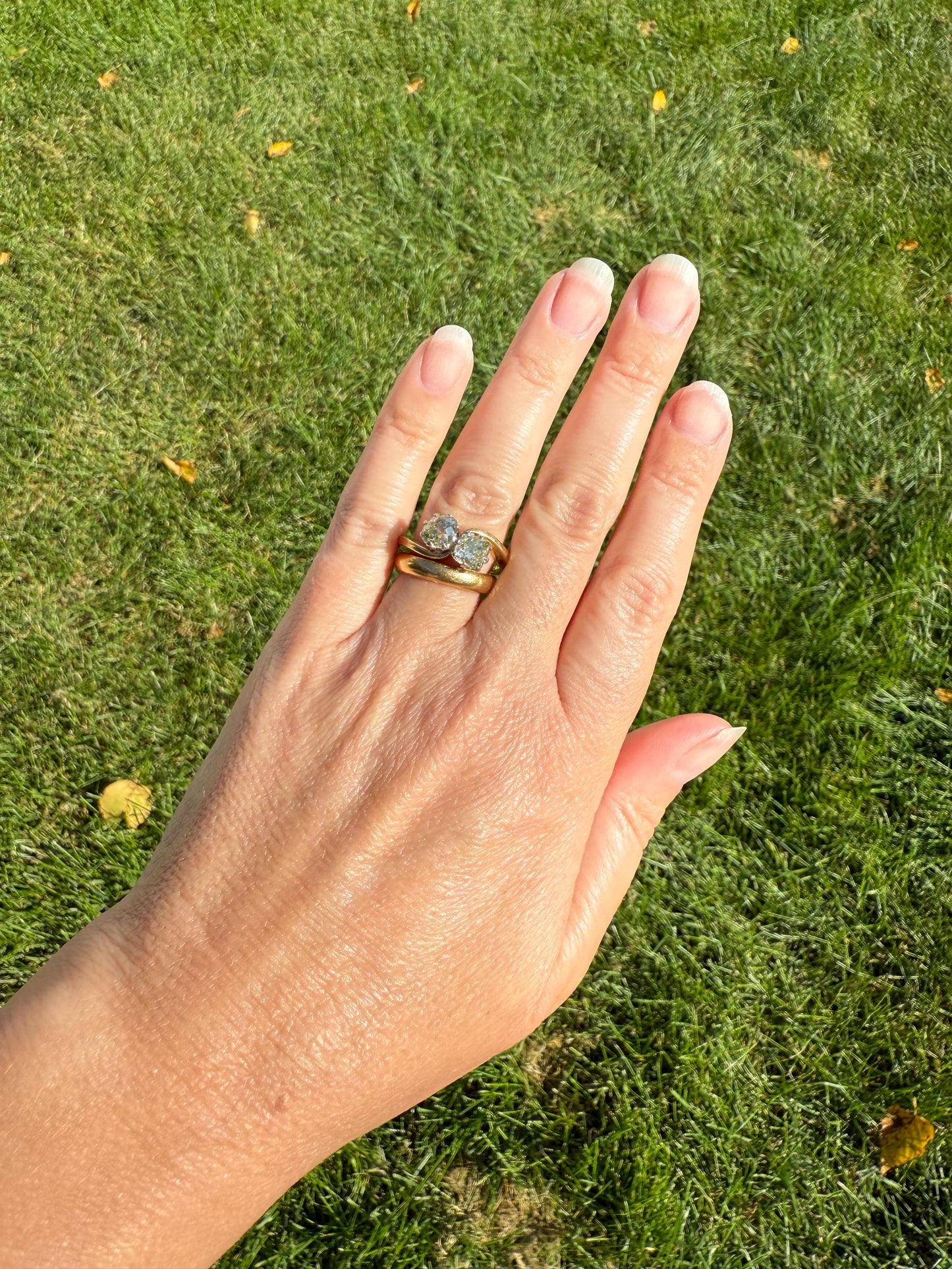 Antique Toi et Moi 2.1 CARAT Old Mine Cut DIAMOND Fancy Light Yellow Chunky 2 Stone Ring 18k Gold Angled Swirl Band Stacker c1901 Victorian