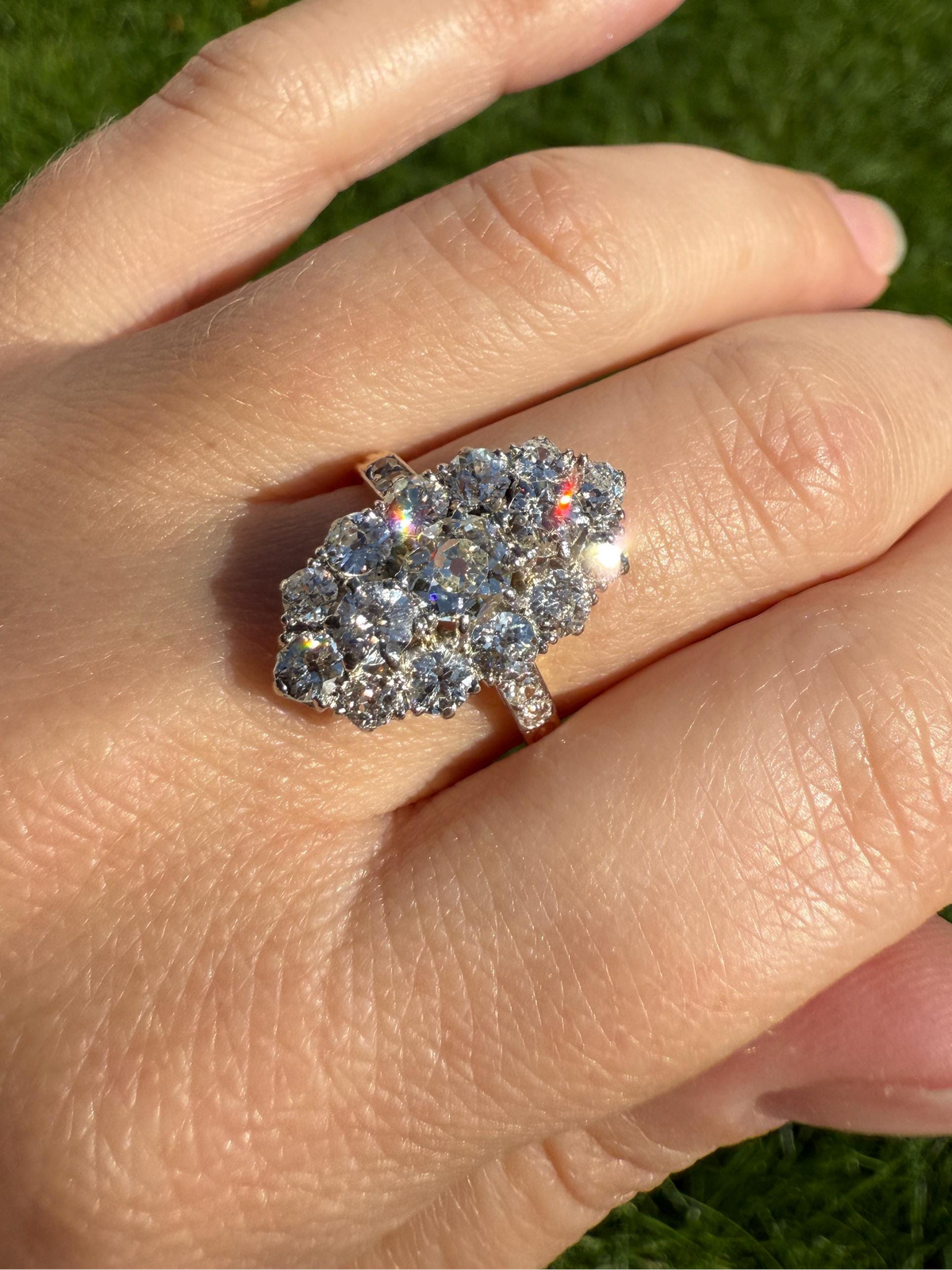 Antique 2.5 Carat Old Mine & European Cut DIAMOND Oval Navette Cluster Ring French 18k Gold Platinum Victorian Belle Epoque