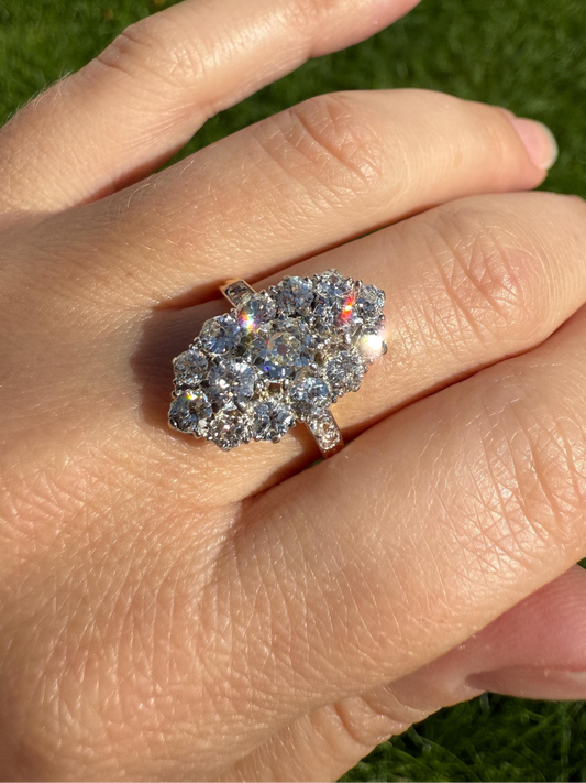 Antique 2.5 Carat Old Mine & European Cut DIAMOND Oval Navette Cluster Ring French 18k Gold Platinum Victorian Belle Epoque
