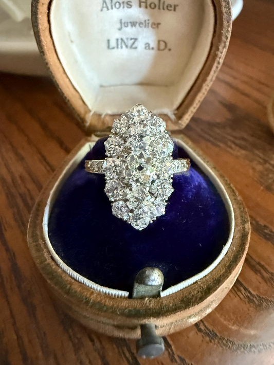 Antique 2.5 Carat Old Mine & European Cut DIAMOND Oval Navette Cluster Ring French 18k Gold Platinum Victorian Belle Epoque