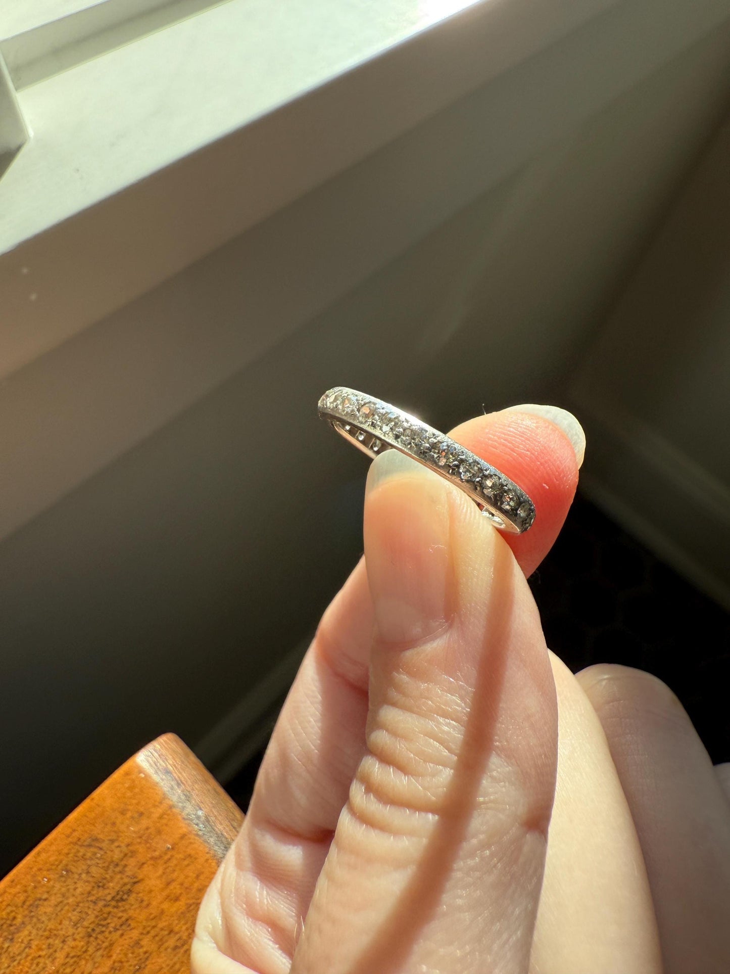 PLATINUM Edwardian Antique 22 Old Mine Single Cut DIAMOND Full Eternity Band Ring Romantic Gift Wedding Stacker .7 Ct OMC Engraved Edge