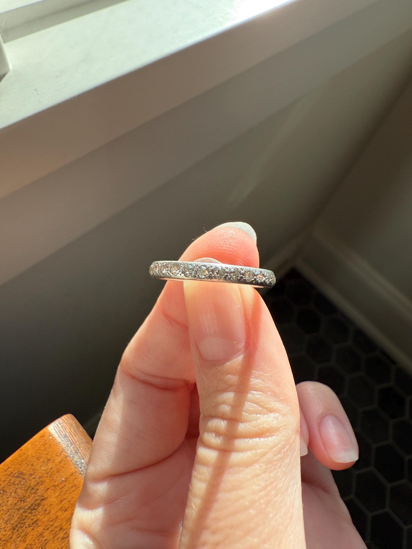 PLATINUM Edwardian Antique 22 Old Mine Single Cut DIAMOND Full Eternity Band Ring Romantic Gift Wedding Stacker .7 Ct OMC Engraved Edge