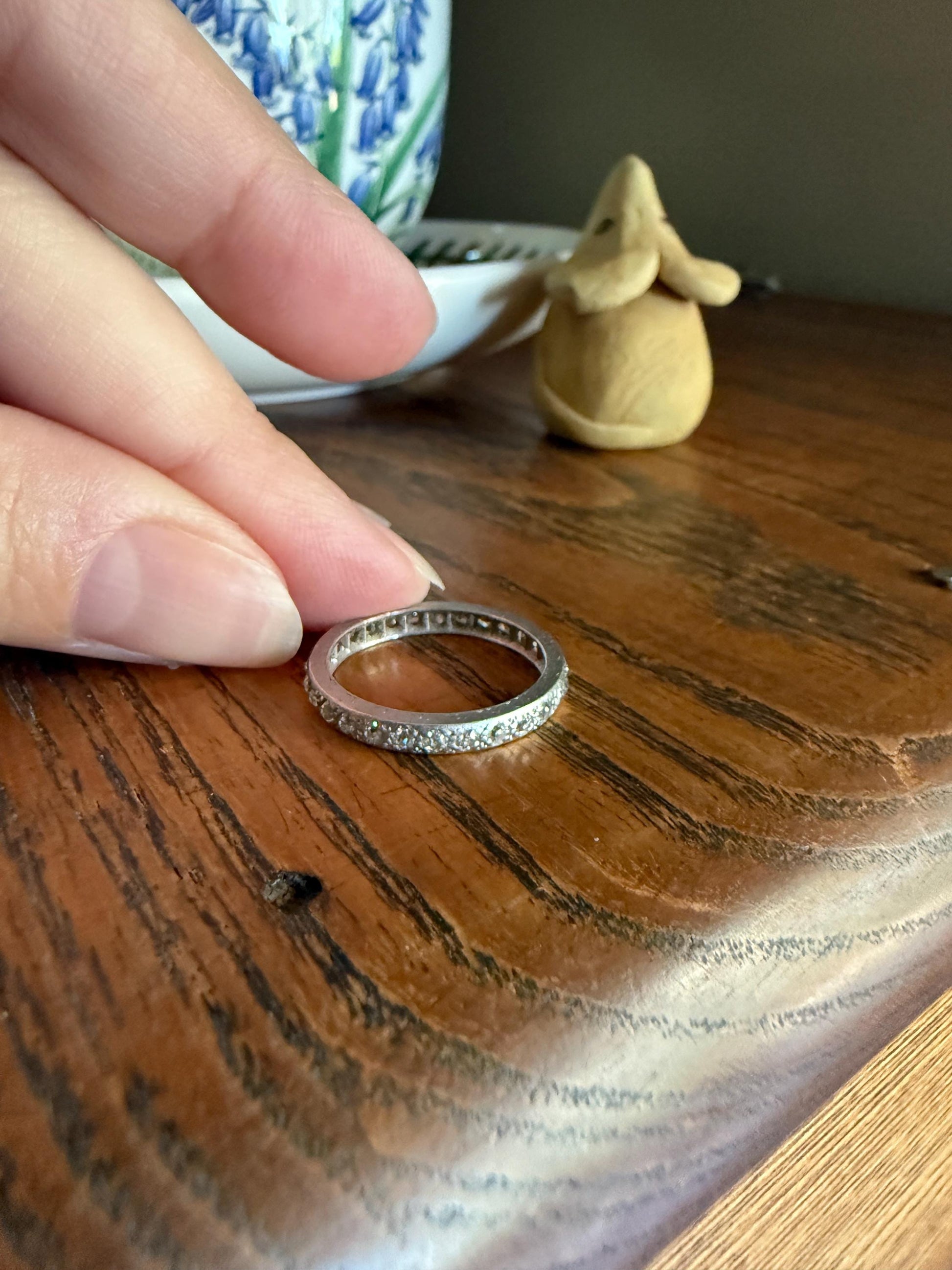 PLATINUM Edwardian Antique 22 Old Mine Single Cut DIAMOND Full Eternity Band Ring Romantic Gift Wedding Stacker .7 Ct OMC Engraved Edge