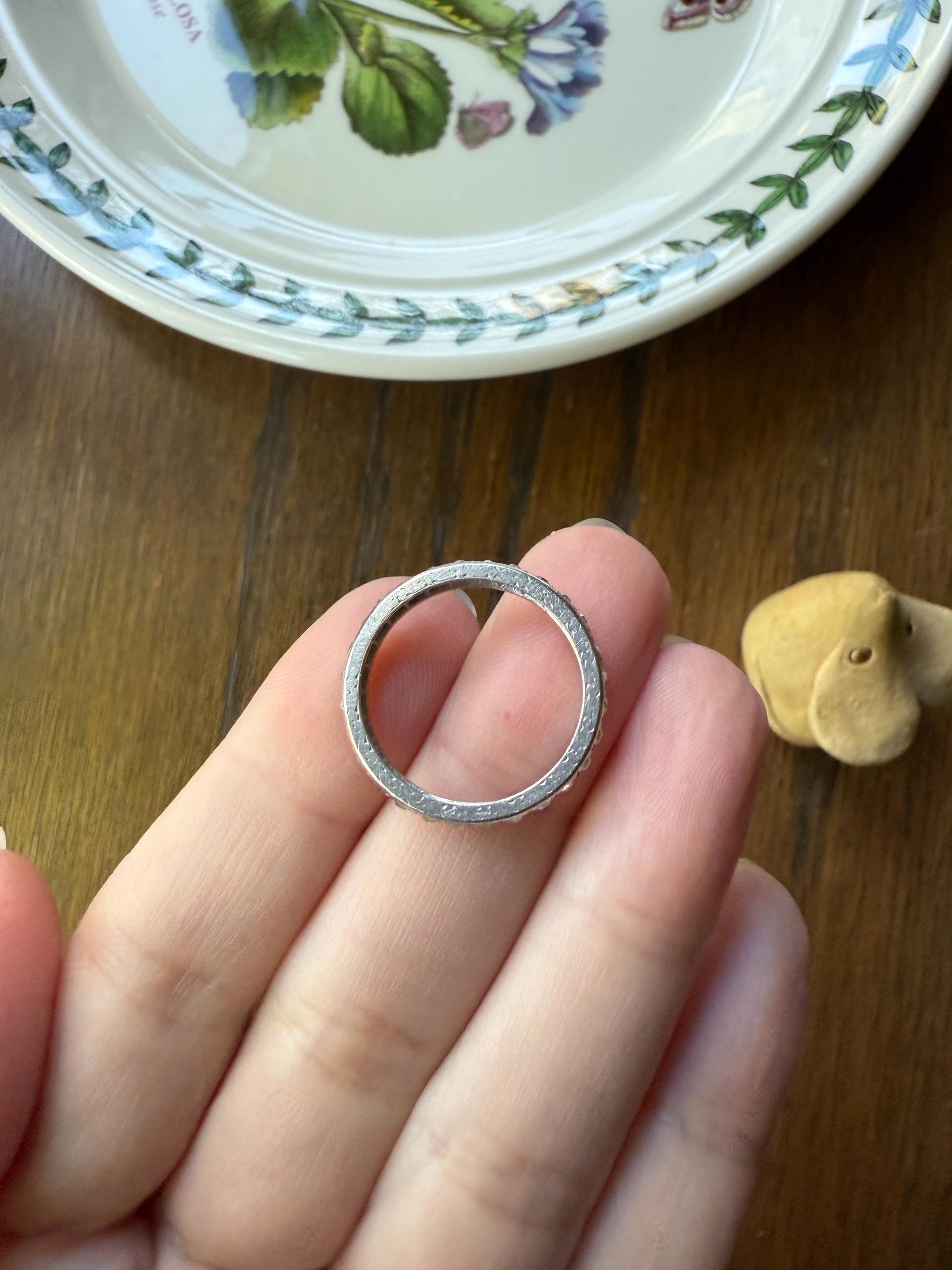 PLATINUM Edwardian Antique 22 Old Mine Single Cut DIAMOND Full Eternity Band Ring Romantic Gift Wedding Stacker .7 Ct OMC Engraved Edge