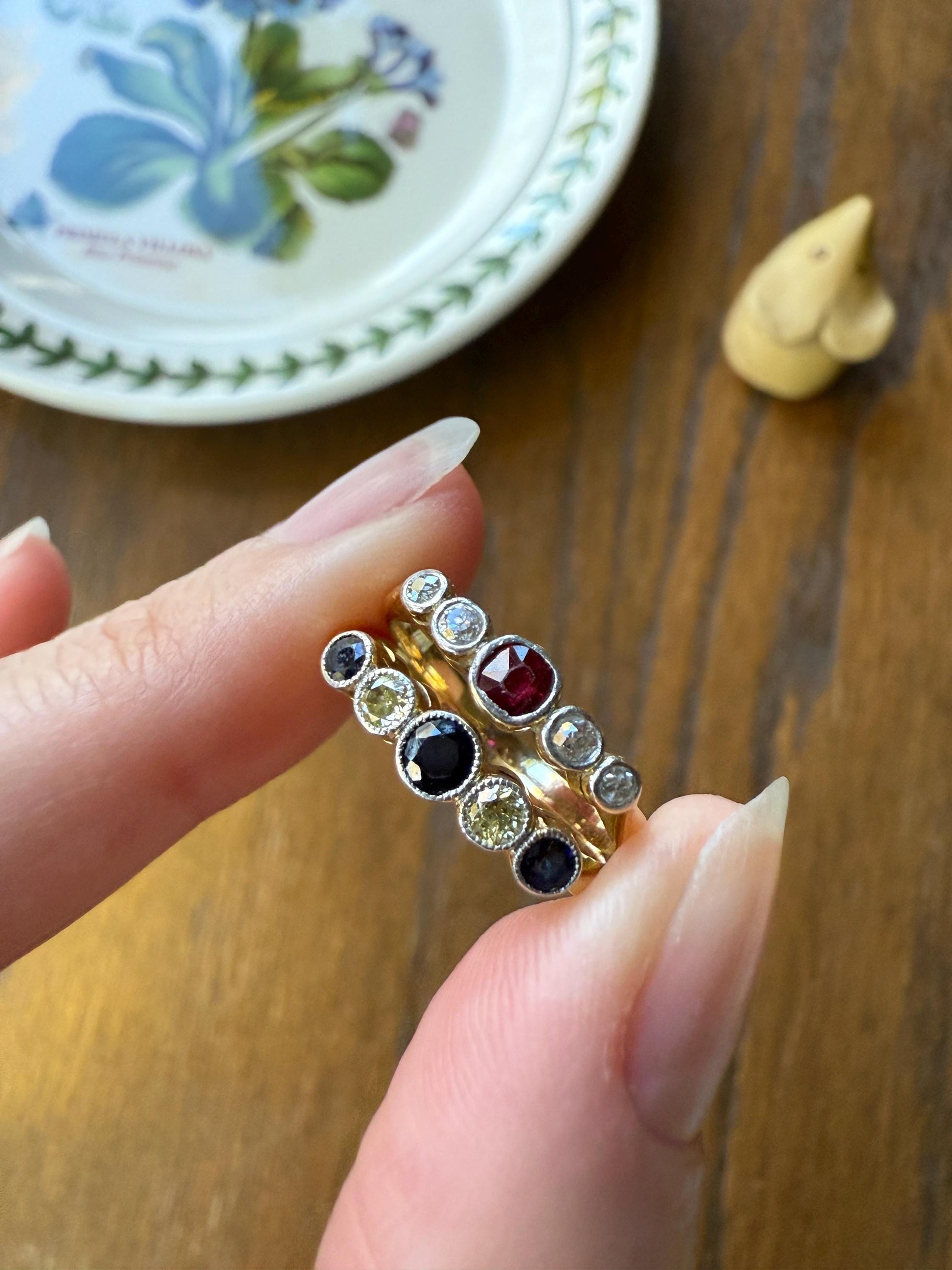 SAPPHIRE & YELLOW Old European Cut DIAMOND Five Stone Band 18k Gold Platinum Edwardian Antique Bezel Ring Romantic Gift Blue Wedding Stacker