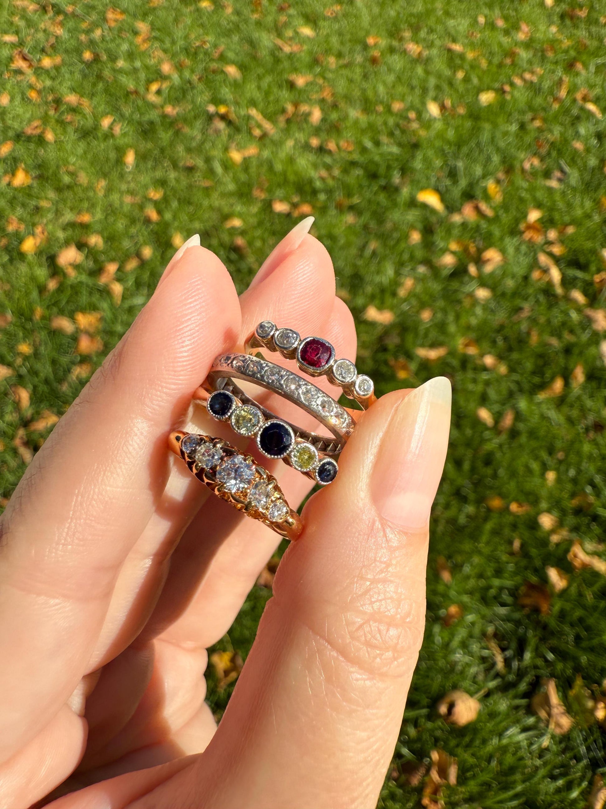 SAPPHIRE & YELLOW Old European Cut DIAMOND Five Stone Band 18k Gold Platinum Edwardian Antique Bezel Ring Romantic Gift Blue Wedding Stacker