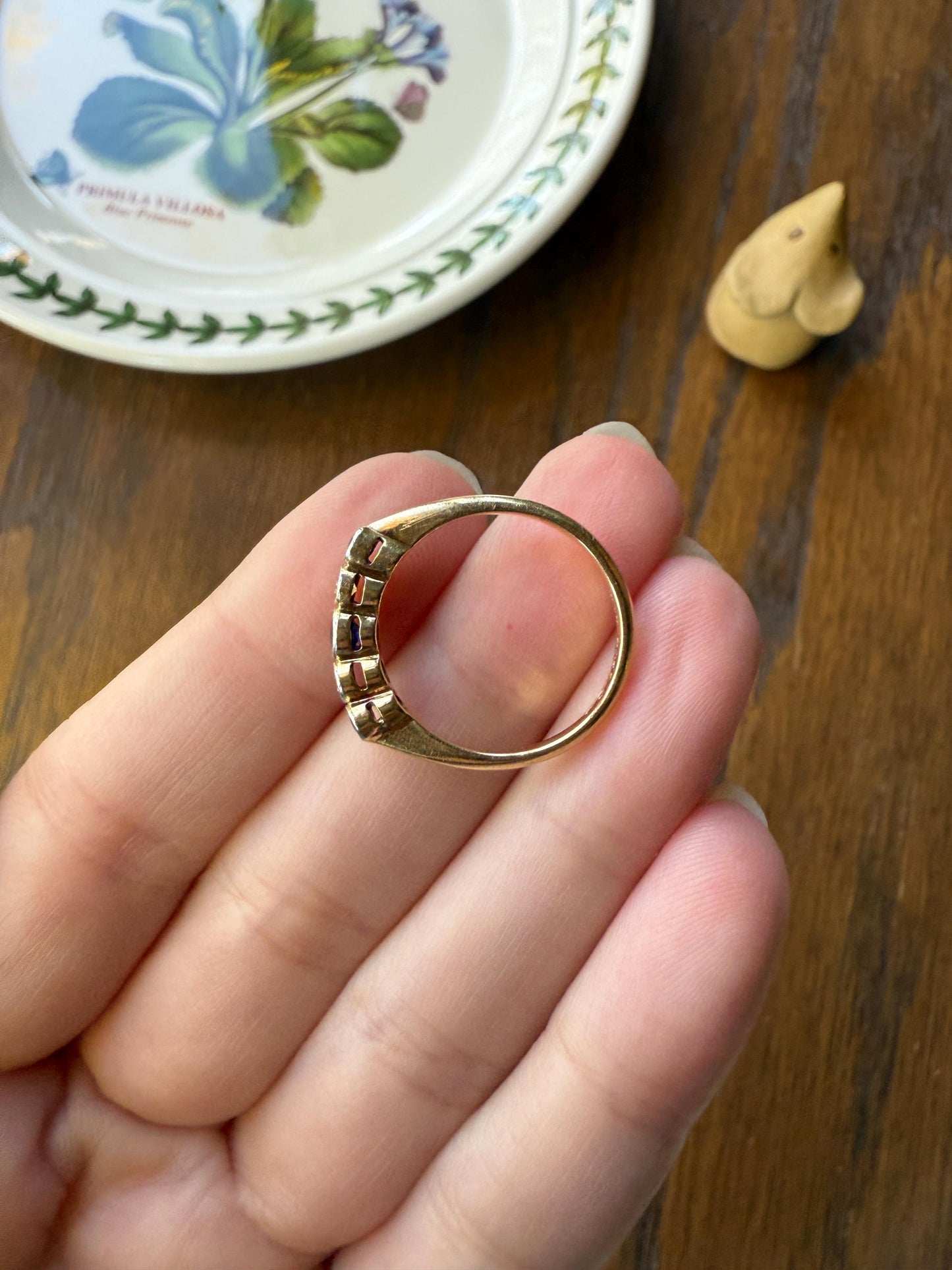 SAPPHIRE & YELLOW Old European Cut DIAMOND Five Stone Band 18k Gold Platinum Edwardian Antique Bezel Ring Romantic Gift Blue Wedding Stacker