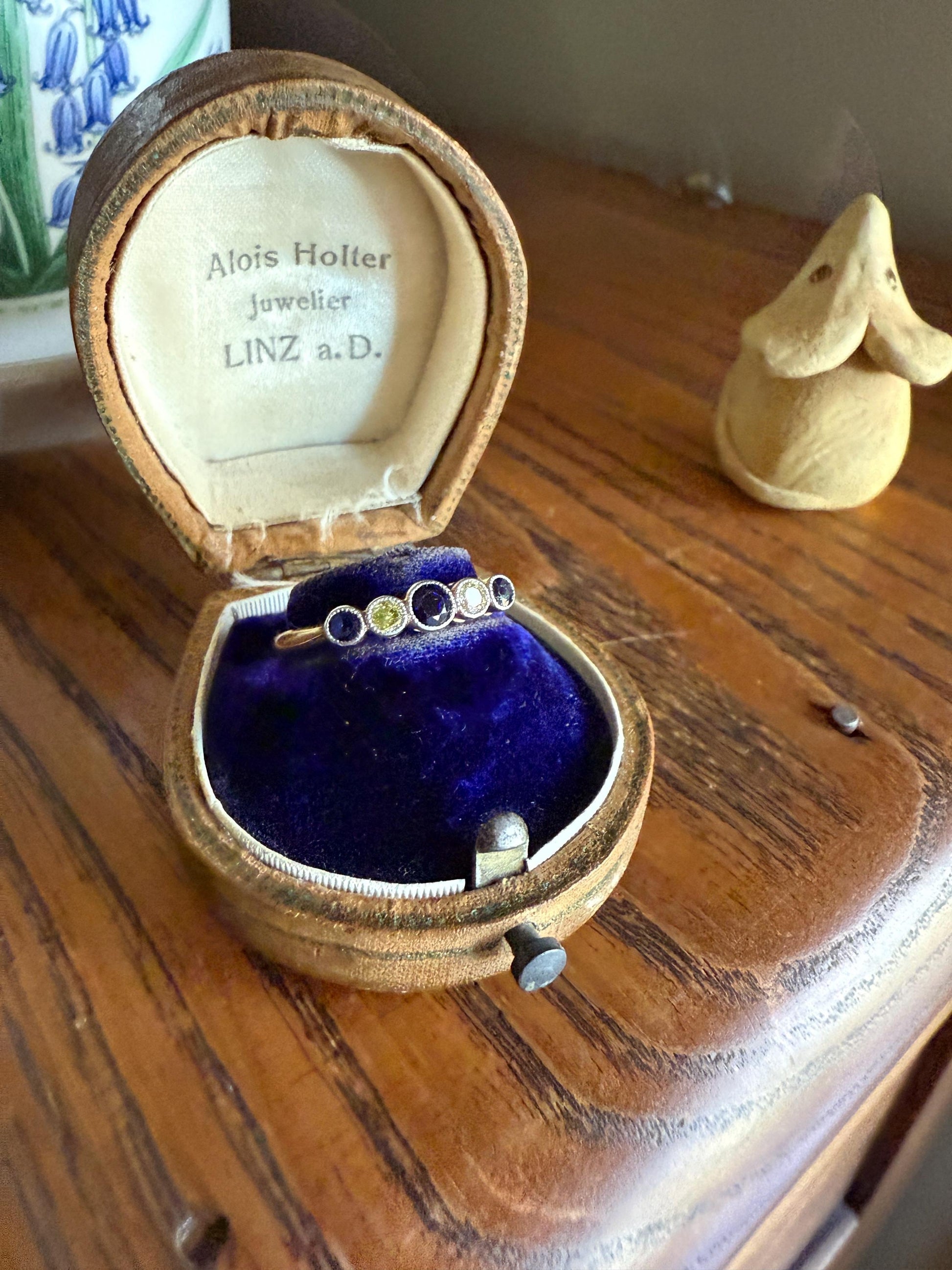 SAPPHIRE & YELLOW Old European Cut DIAMOND Five Stone Band 18k Gold Platinum Edwardian Antique Bezel Ring Romantic Gift Blue Wedding Stacker