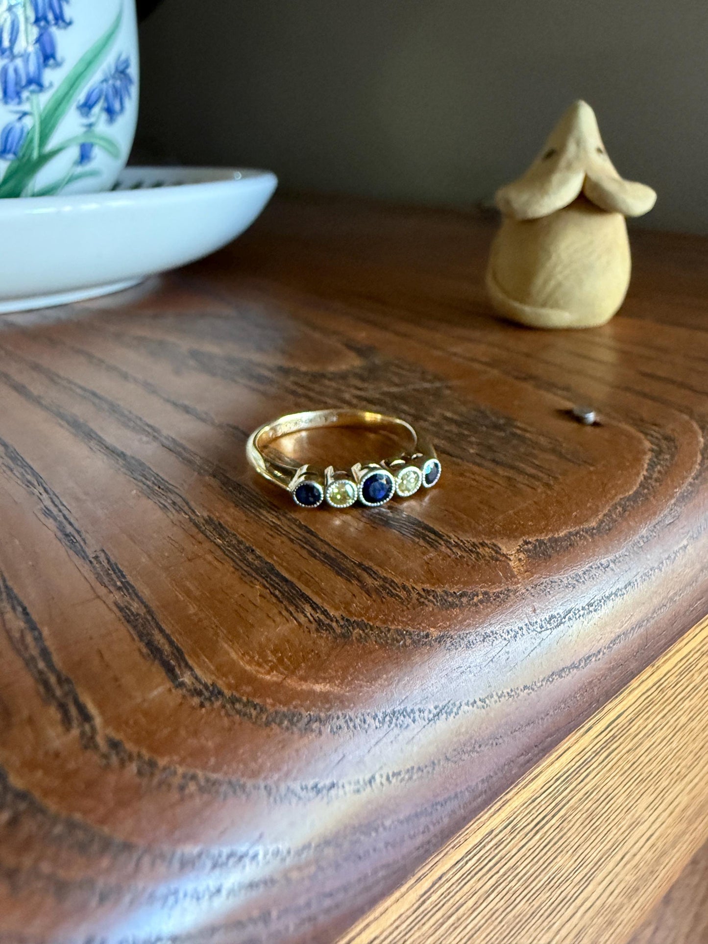 SAPPHIRE & YELLOW Old European Cut DIAMOND Five Stone Band 18k Gold Platinum Edwardian Antique Bezel Ring Romantic Gift Blue Wedding Stacker