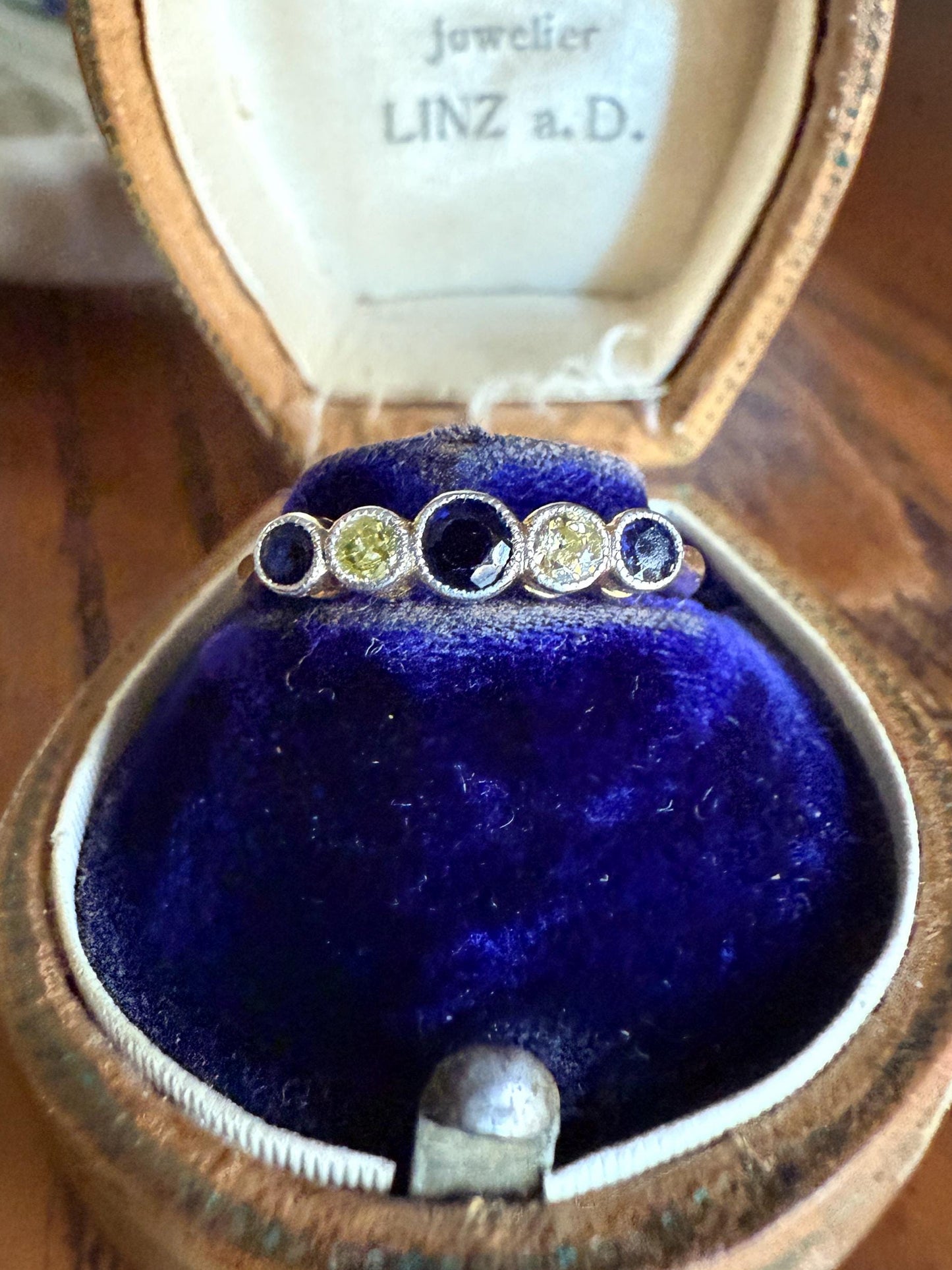 SAPPHIRE & YELLOW Old European Cut DIAMOND Five Stone Band 18k Gold Platinum Edwardian Antique Bezel Ring Romantic Gift Blue Wedding Stacker