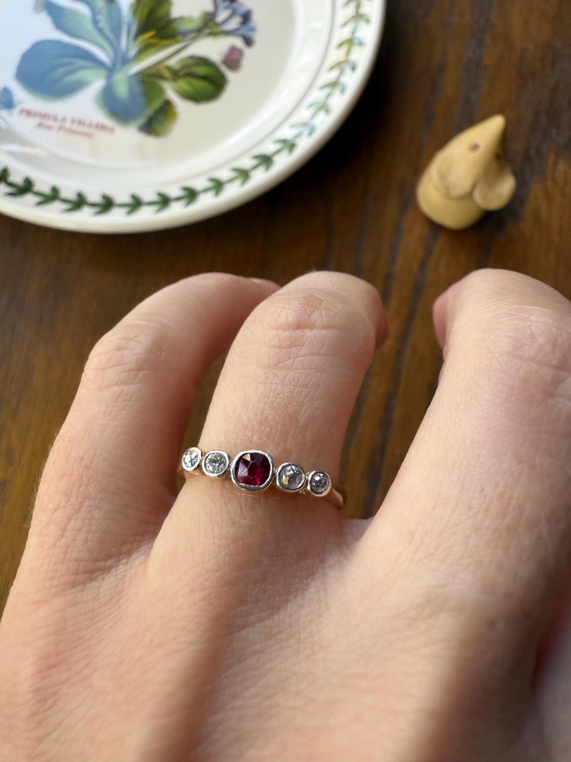 RUBY & Old Mine Cut DIAMOND Five Stone Band 18k Gold Platinum Edwardian Antique Bezel Ring Romantic Gift Blue Wedding Stacker