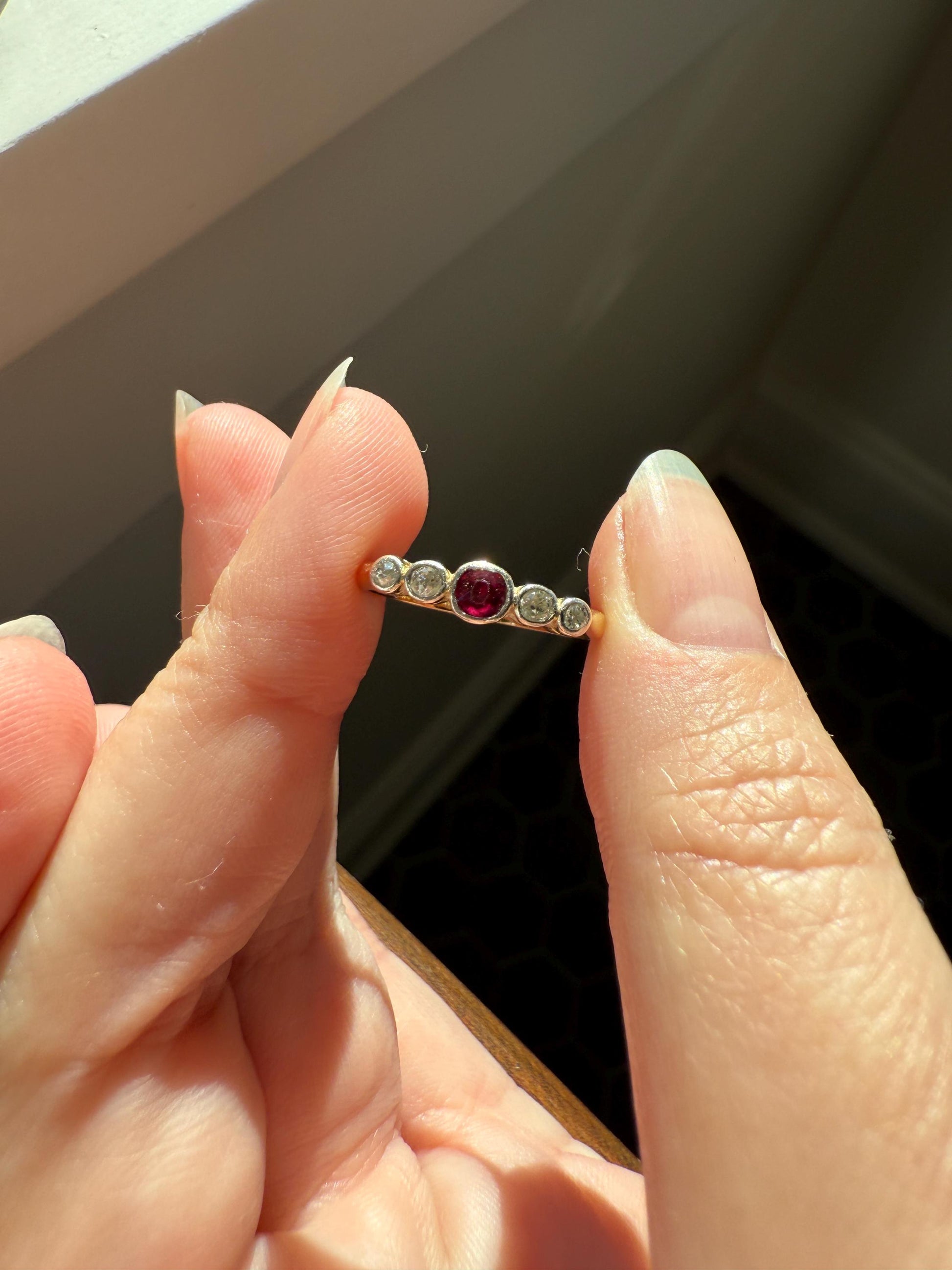RUBY & Old Mine Cut DIAMOND Five Stone Band 18k Gold Platinum Edwardian Antique Bezel Ring Romantic Gift Blue Wedding Stacker