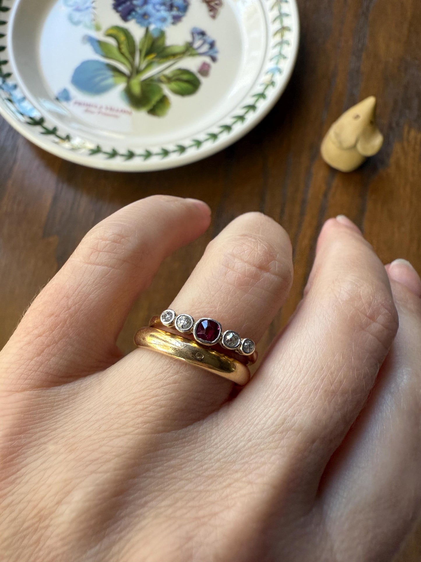 RUBY & Old Mine Cut DIAMOND Five Stone Band 18k Gold Platinum Edwardian Antique Bezel Ring Romantic Gift Blue Wedding Stacker