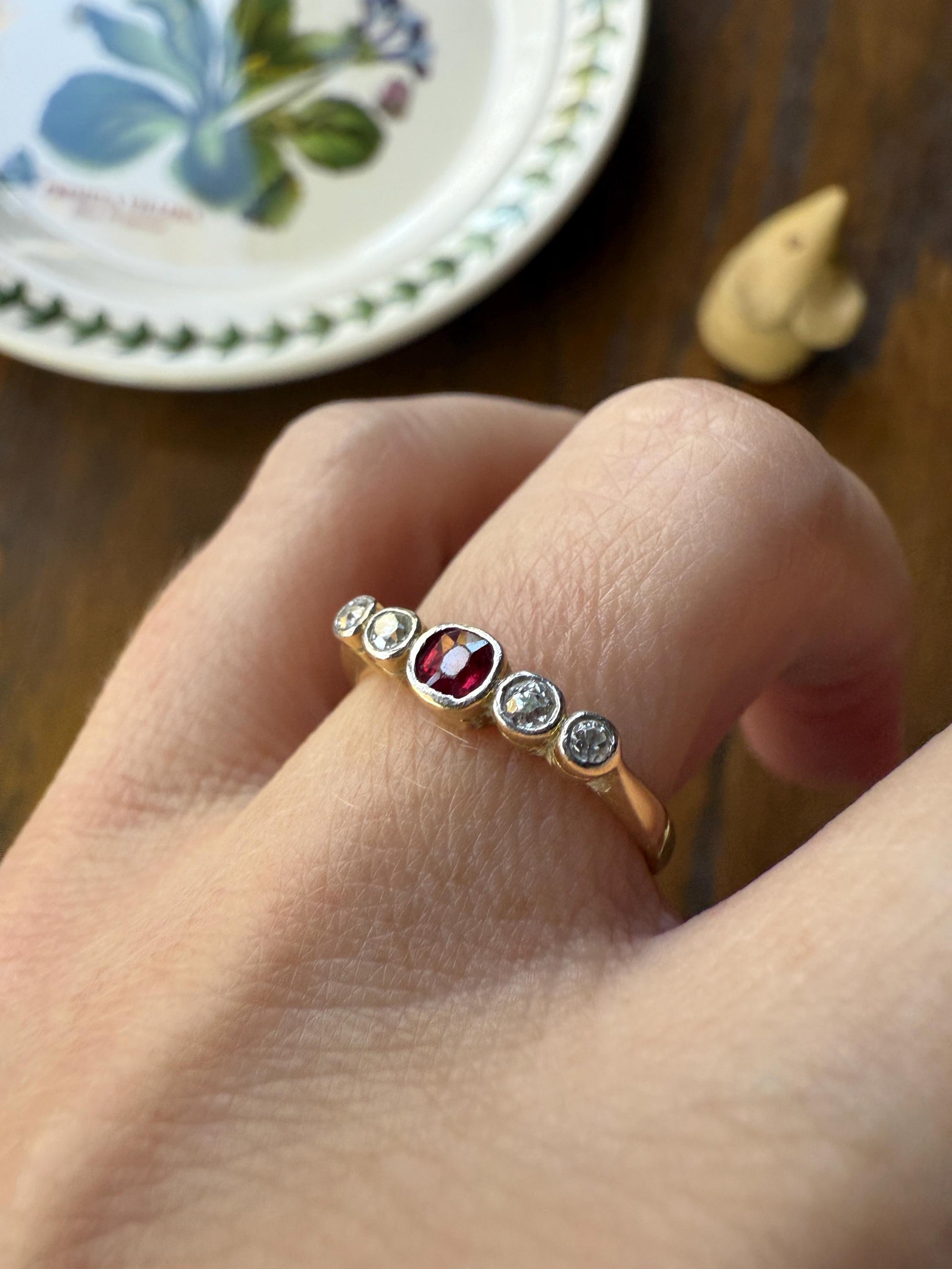 RUBY & Old Mine Cut DIAMOND Five Stone Band 18k Gold Platinum Edwardian Antique Bezel Ring Romantic Gift Blue Wedding Stacker