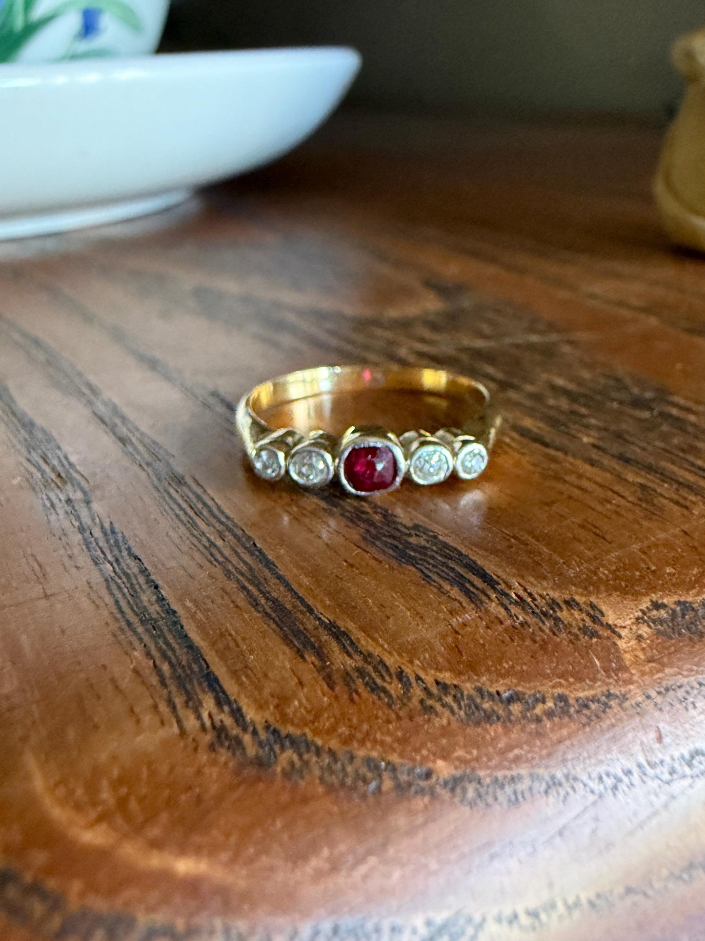 RUBY & Old Mine Cut DIAMOND Five Stone Band 18k Gold Platinum Edwardian Antique Bezel Ring Romantic Gift Blue Wedding Stacker