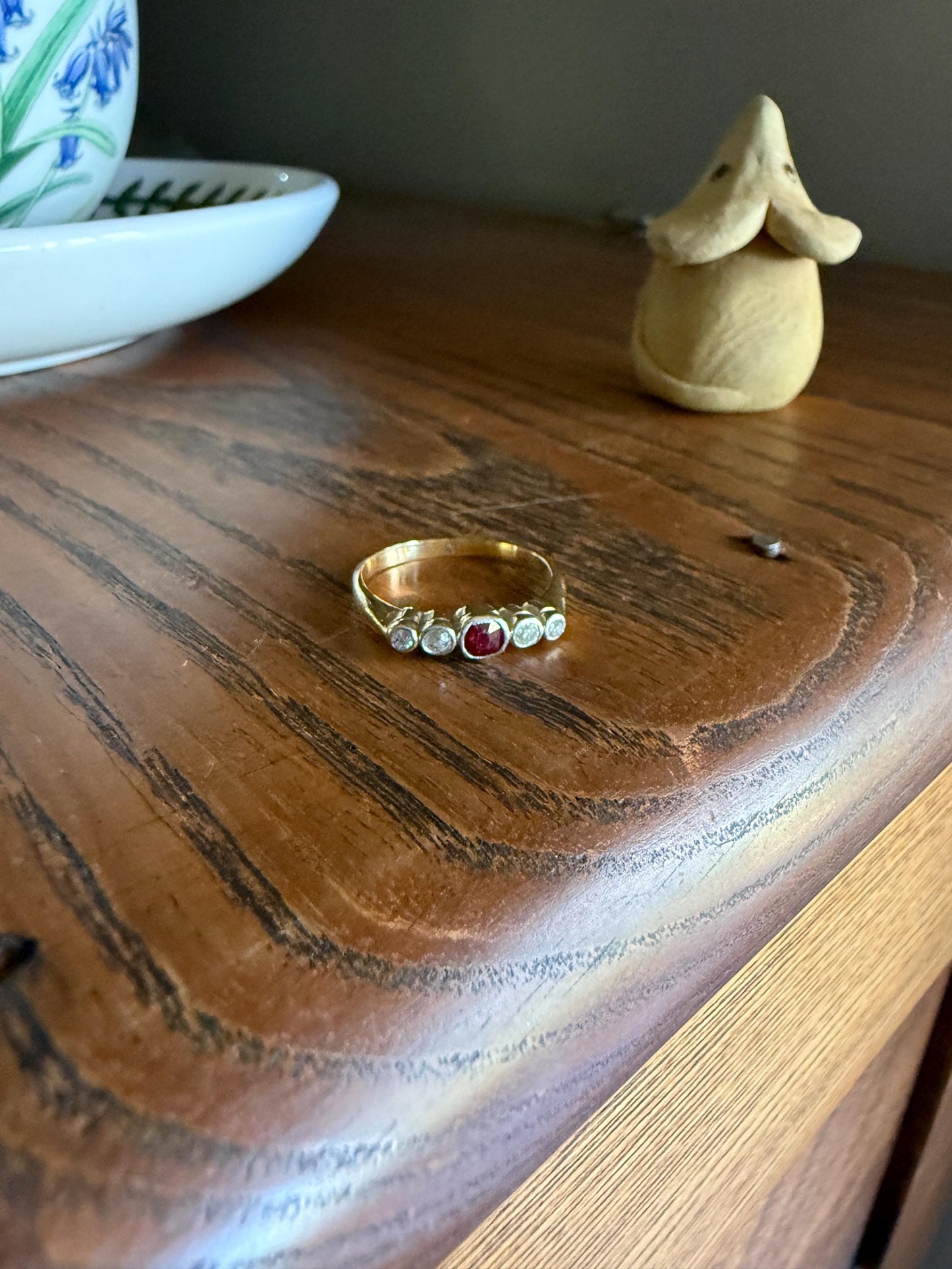 RUBY & Old Mine Cut DIAMOND Five Stone Band 18k Gold Platinum Edwardian Antique Bezel Ring Romantic Gift Blue Wedding Stacker