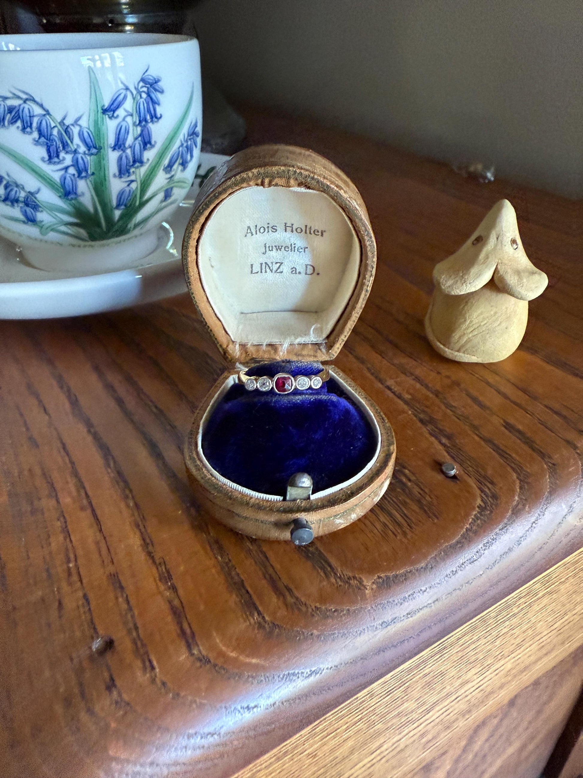 RUBY & Old Mine Cut DIAMOND Five Stone Band 18k Gold Platinum Edwardian Antique Bezel Ring Romantic Gift Blue Wedding Stacker