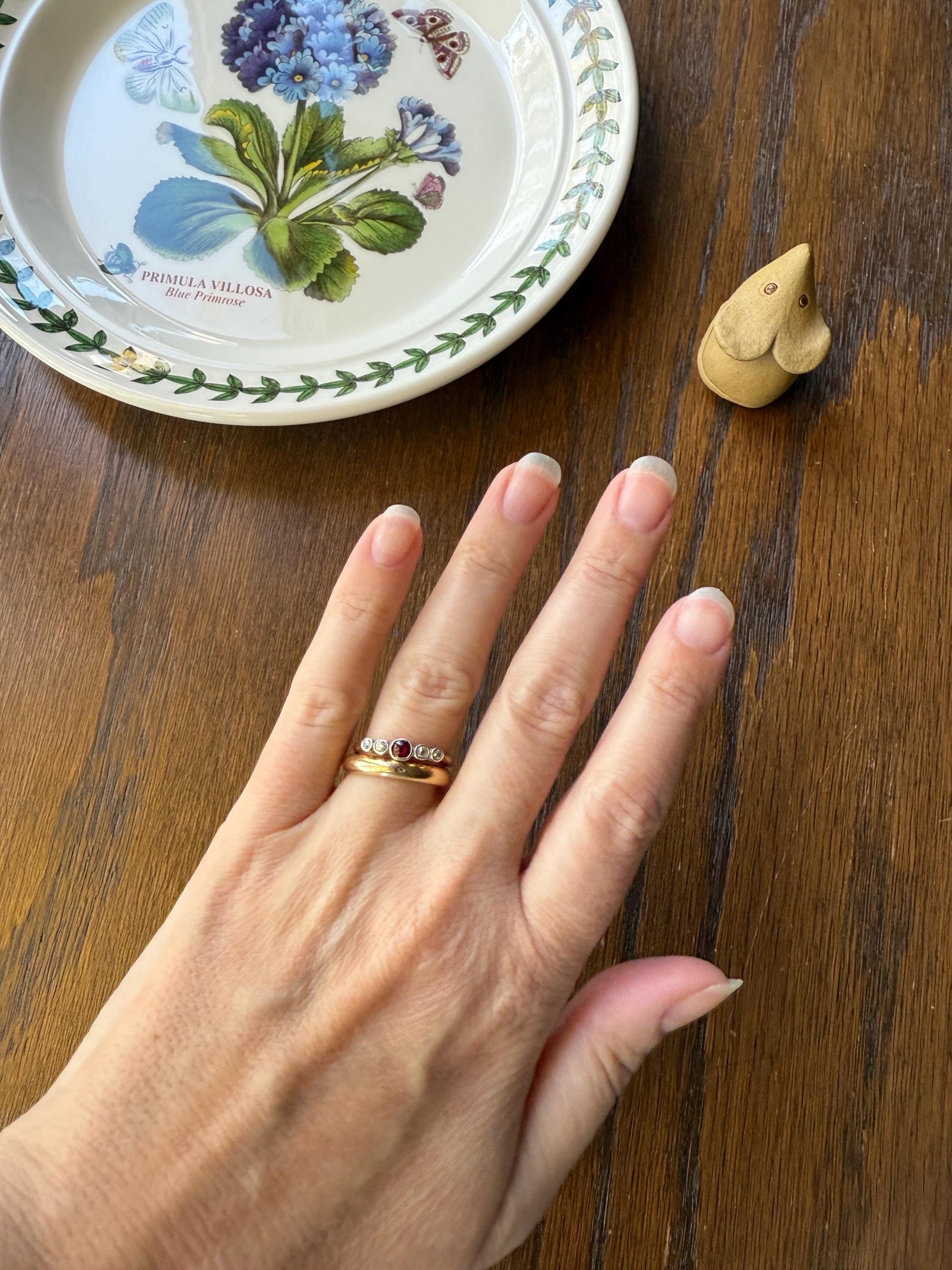 RUBY & Old Mine Cut DIAMOND Five Stone Band 18k Gold Platinum Edwardian Antique Bezel Ring Romantic Gift Blue Wedding Stacker