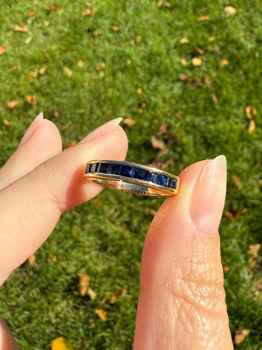 Vintage Channel Set SAPPHIRE Half Hoop Eternity Band Ring 18k Gold Skinny Line Stacker French Romantic Gift Blue Pair Emerald Avail
