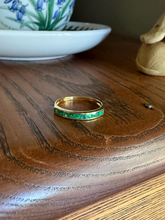 Vintage Channel Set Emerald Half Hoop Eternity Band Ring 18k Gold Skinny Line Stacker Romantic Gift Green Pair Sapphire Avail