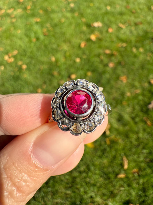 Antique Ruby & Rose Cut Diamond Halo Cluster Ring Pink Red Solid Silver French Edwardian Stacker Cocktail Statement Romantic Gift