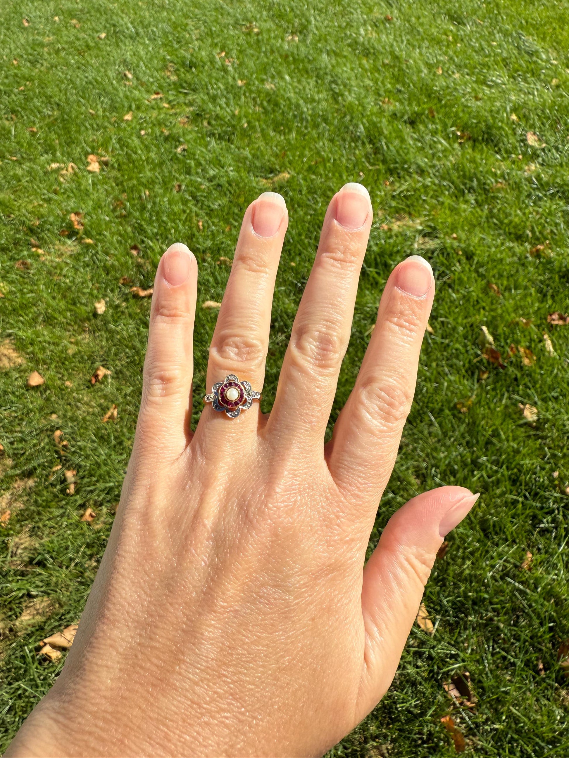 Ruby HALO Ring Scalloped 18k Gold Antique Pearl Rose Cut Diamond Pink Red Dainty Ring French Belle Epoque Stacker Pinky Midi