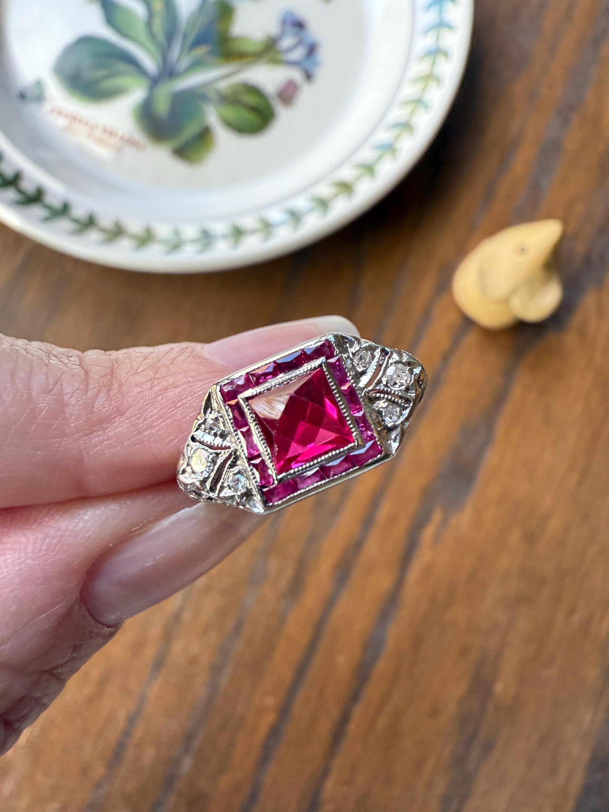 Antique Art Deco French Cut Pink RUBY Old Single Cut Diamond Ornate Filigree Ring Elongated Rectangle Halo 14k White Gold Floral Swirls