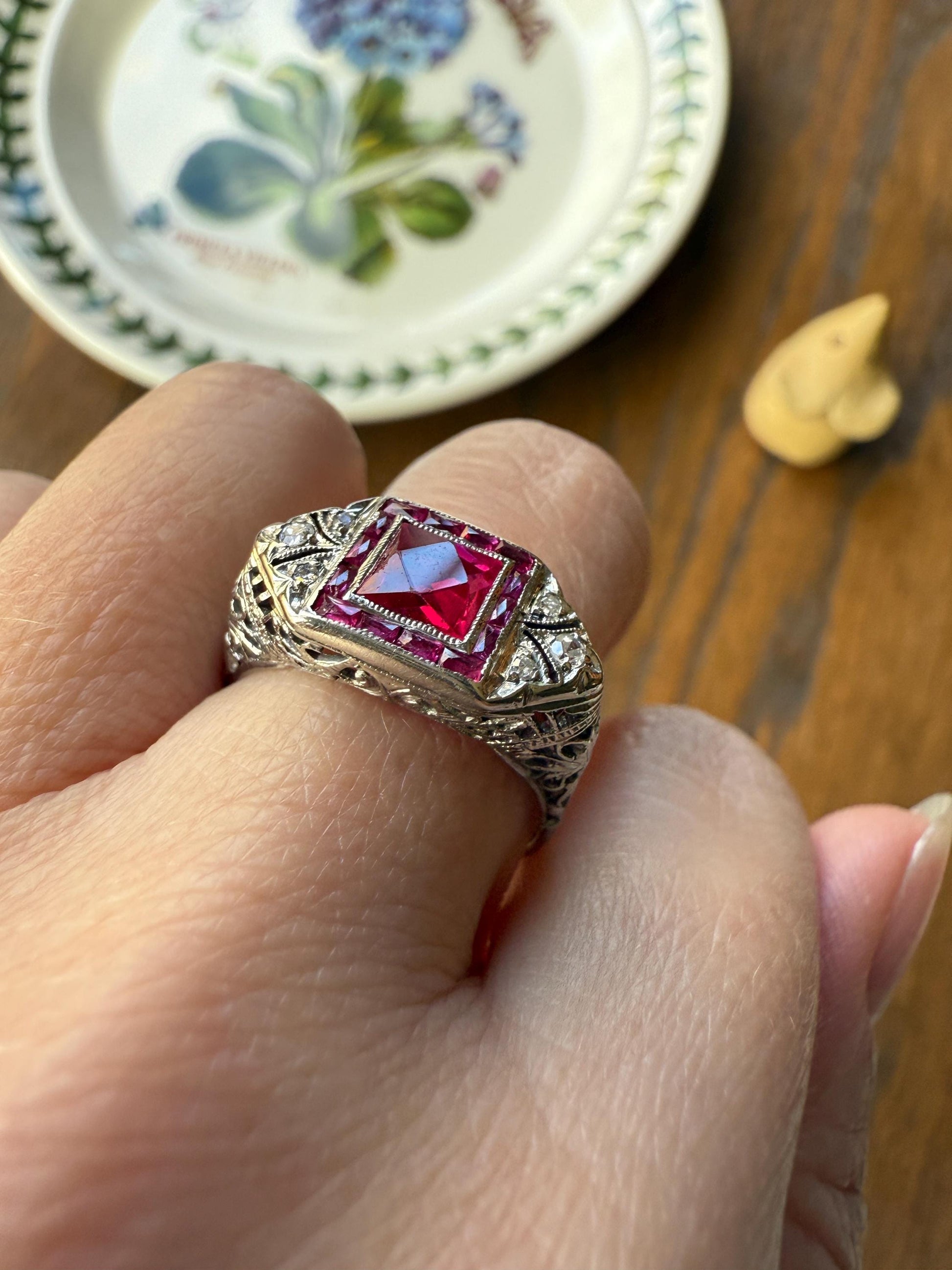 Antique Art Deco French Cut Pink RUBY Old Single Cut Diamond Ornate Filigree Ring Elongated Rectangle Halo 14k White Gold Floral Swirls