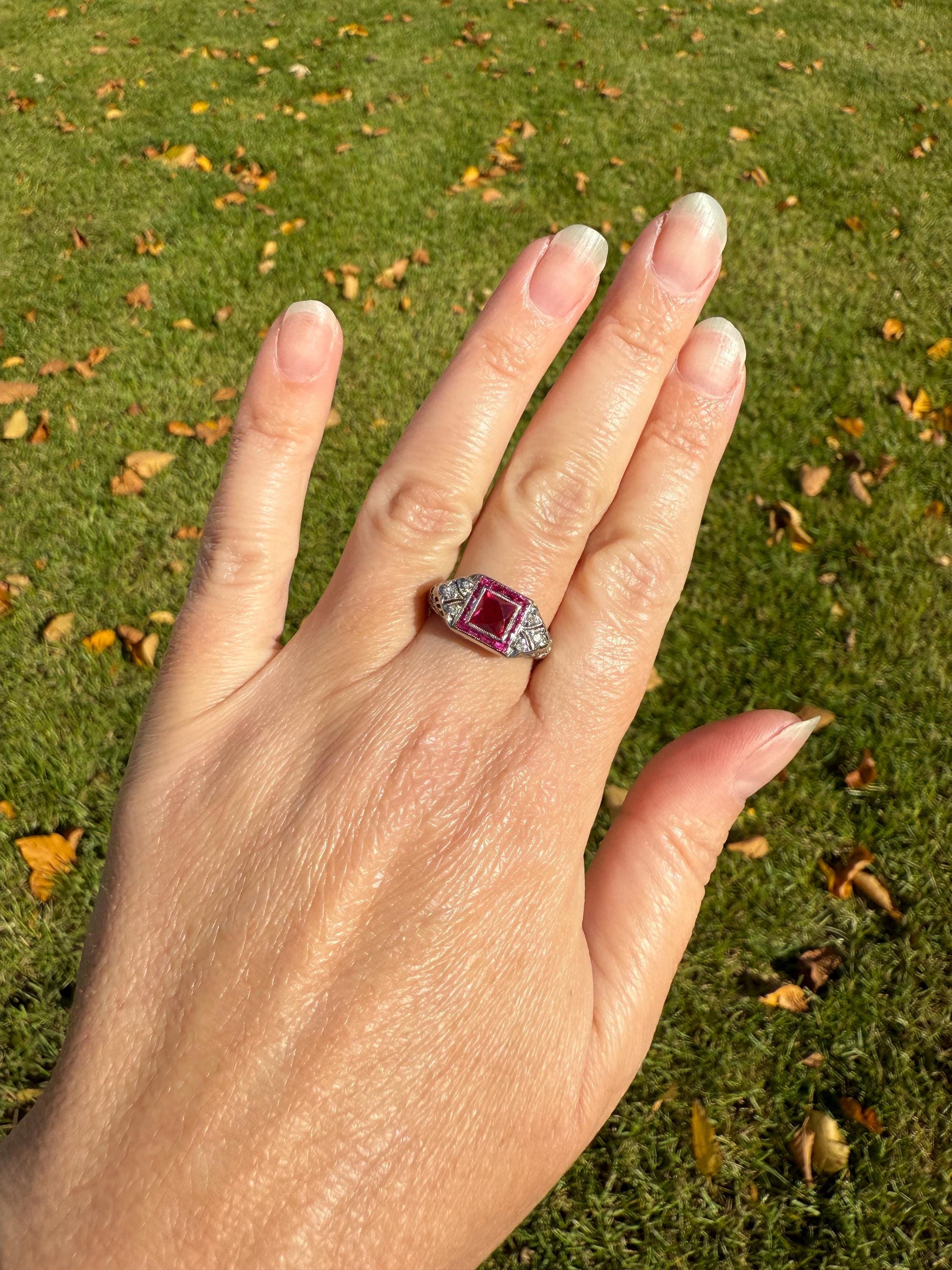 Antique Art Deco French Cut Pink RUBY Old Single Cut Diamond Ornate Filigree Ring Elongated Rectangle Halo 14k White Gold Floral Swirls