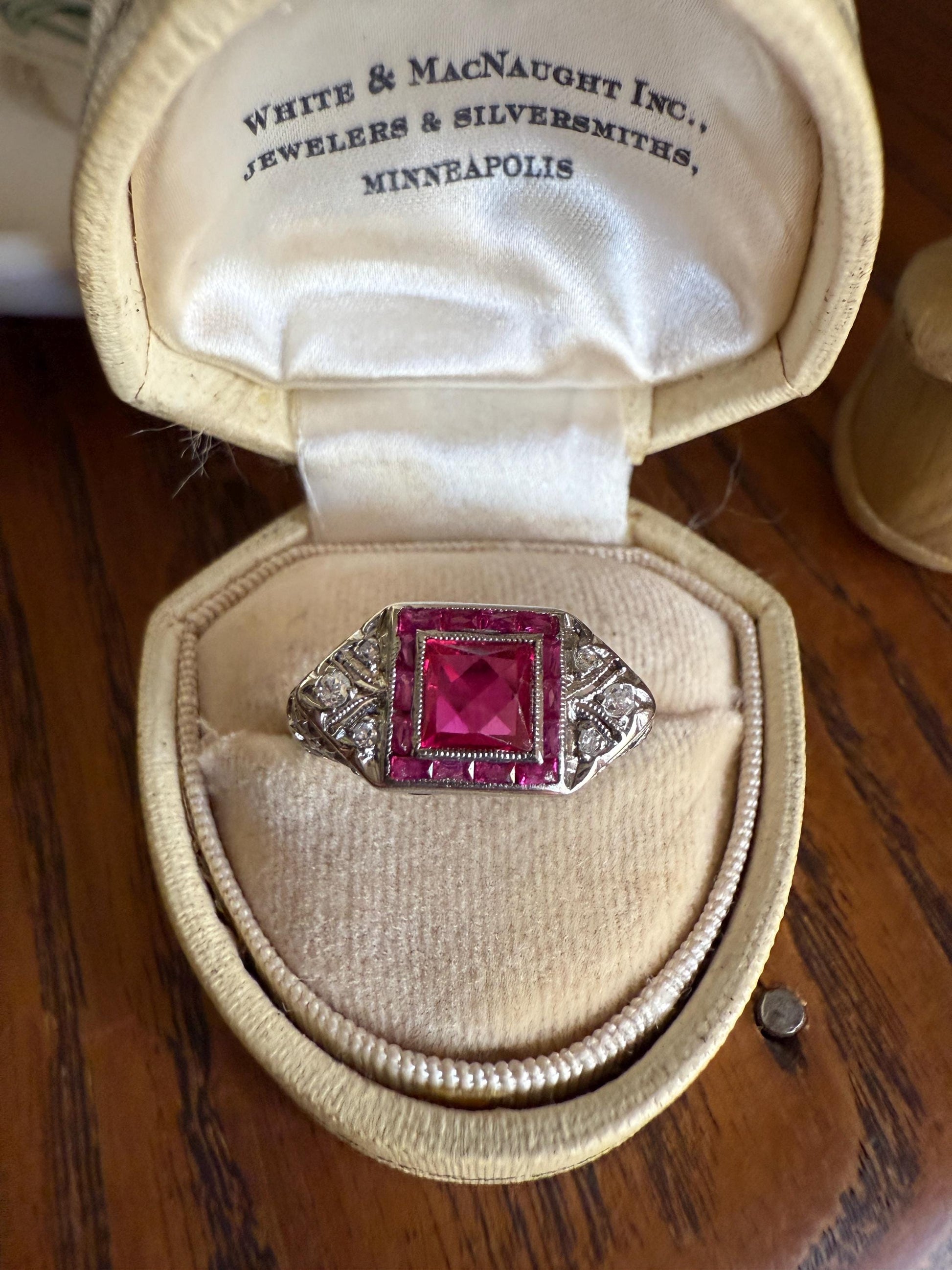 Antique Art Deco French Cut Pink RUBY Old Single Cut Diamond Ornate Filigree Ring Elongated Rectangle Halo 14k White Gold Floral Swirls