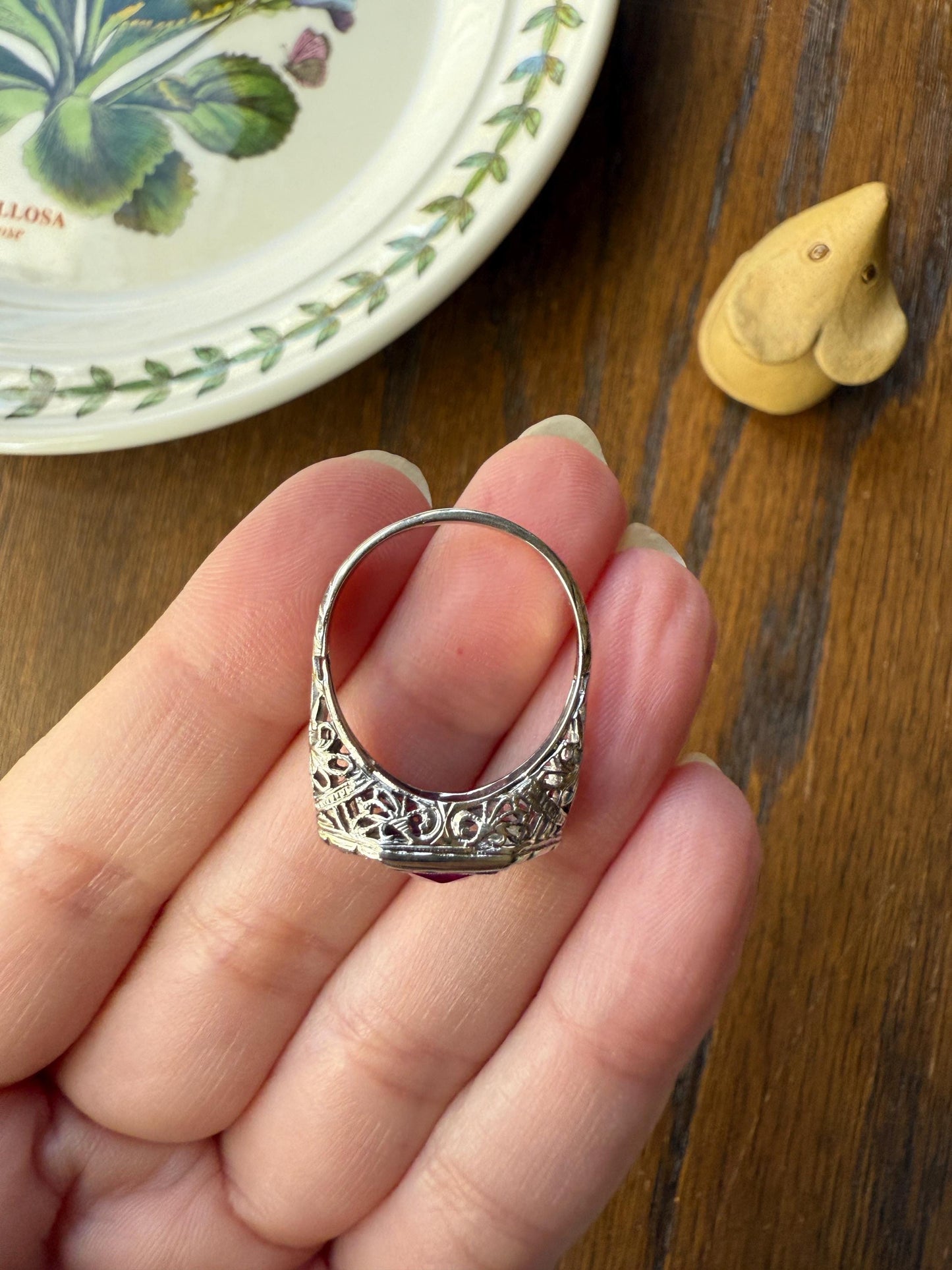 Antique Art Deco French Cut Pink RUBY Old Single Cut Diamond Ornate Filigree Ring Elongated Rectangle Halo 14k White Gold Floral Swirls