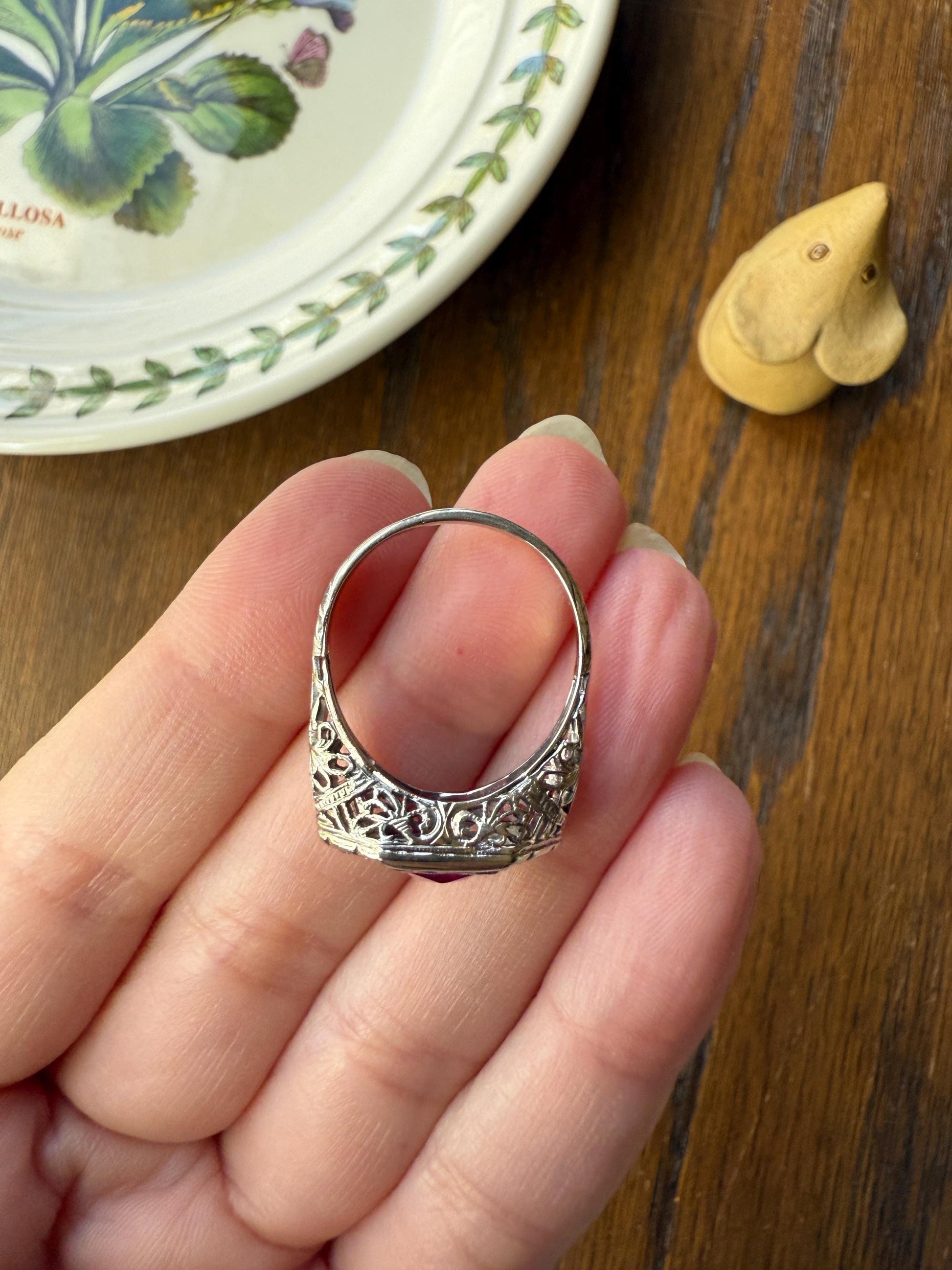 Antique Art Deco French Cut Pink RUBY Old Single Cut Diamond Ornate Filigree Ring Elongated Rectangle Halo 14k White Gold Floral Swirls