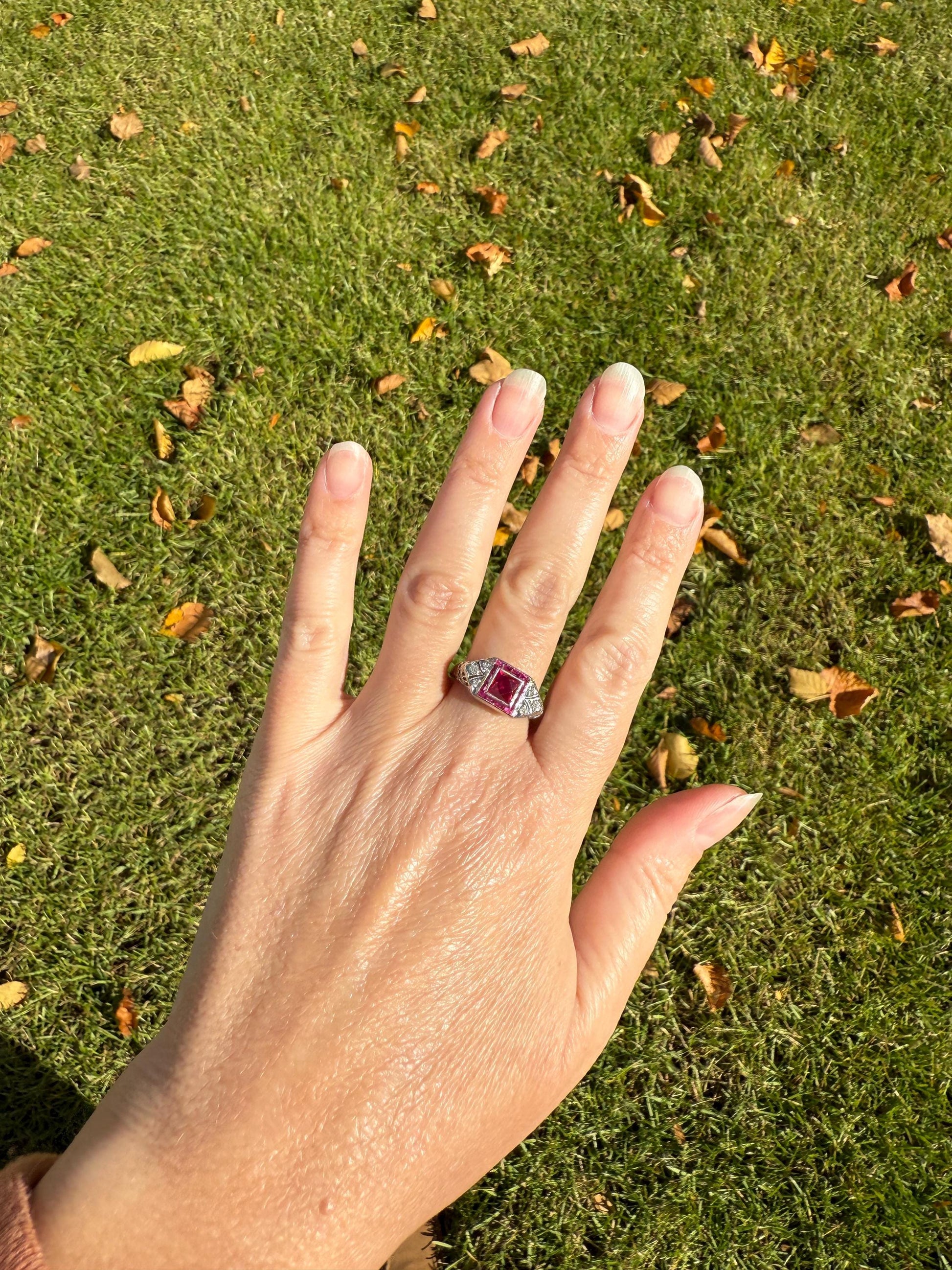 Antique Art Deco French Cut Pink RUBY Old Single Cut Diamond Ornate Filigree Ring Elongated Rectangle Halo 14k White Gold Floral Swirls